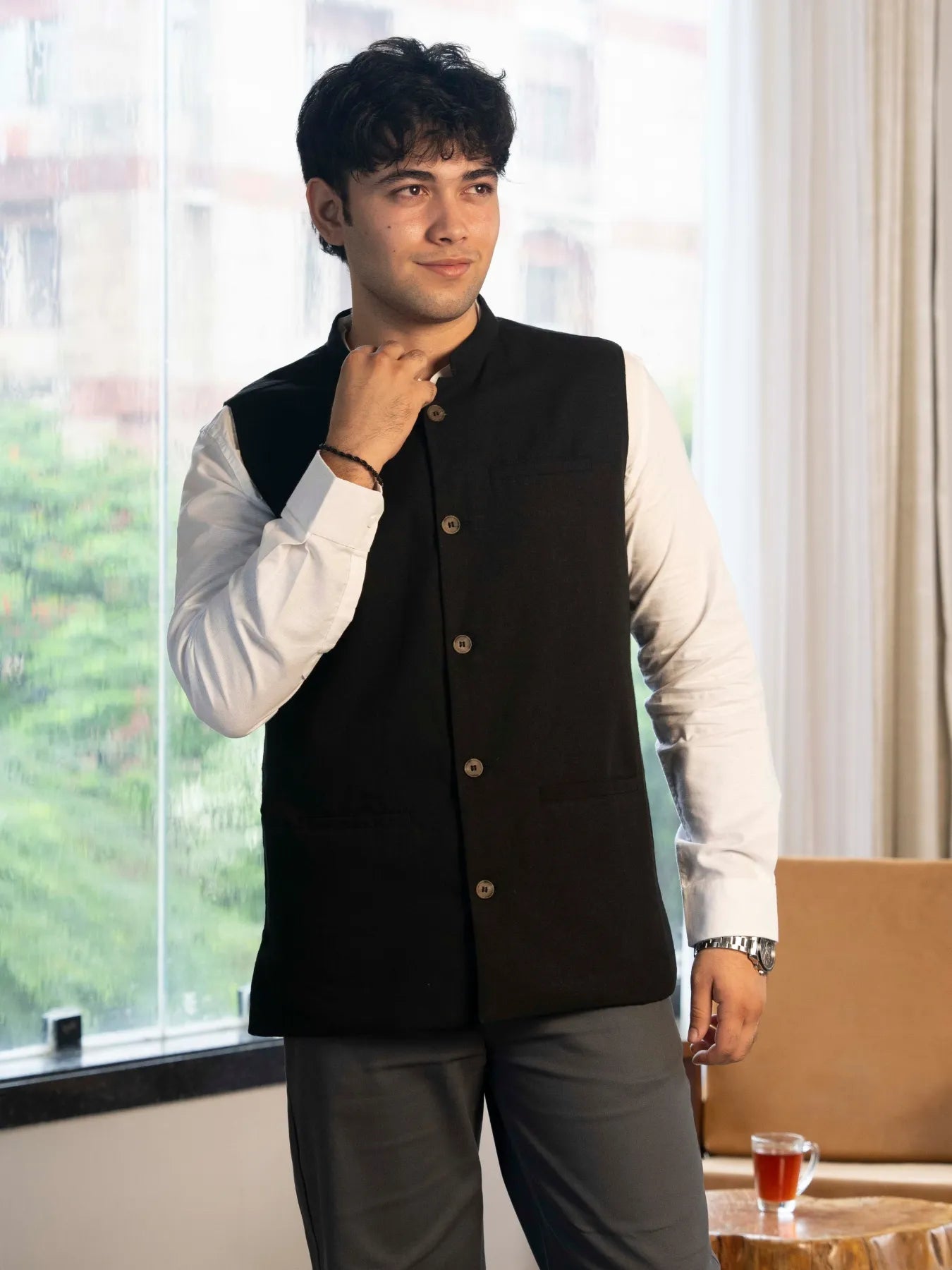 Men Black Airy Linen Nehru Jacket