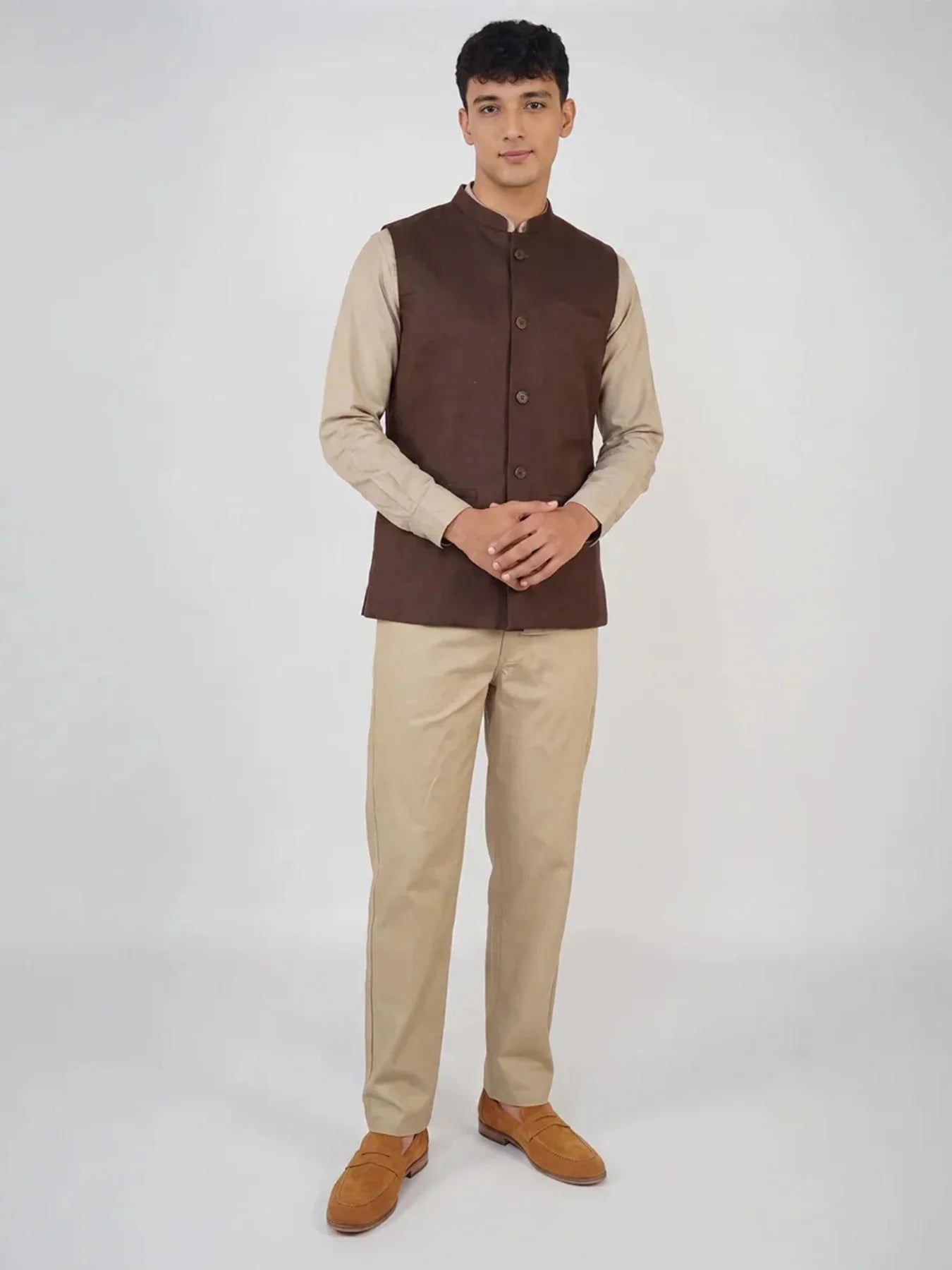 Men Dark Brown Airy Linen Nehru Jacket