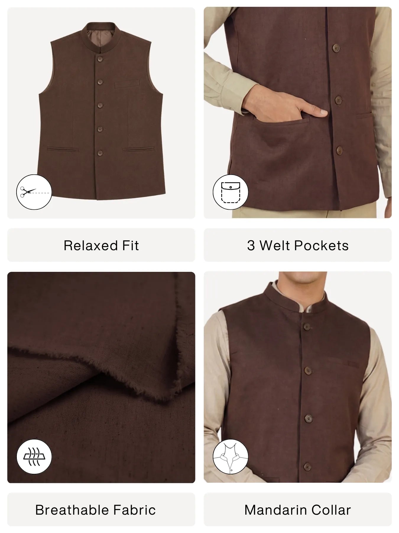 Men Dark Brown Airy Linen Nehru Jacket