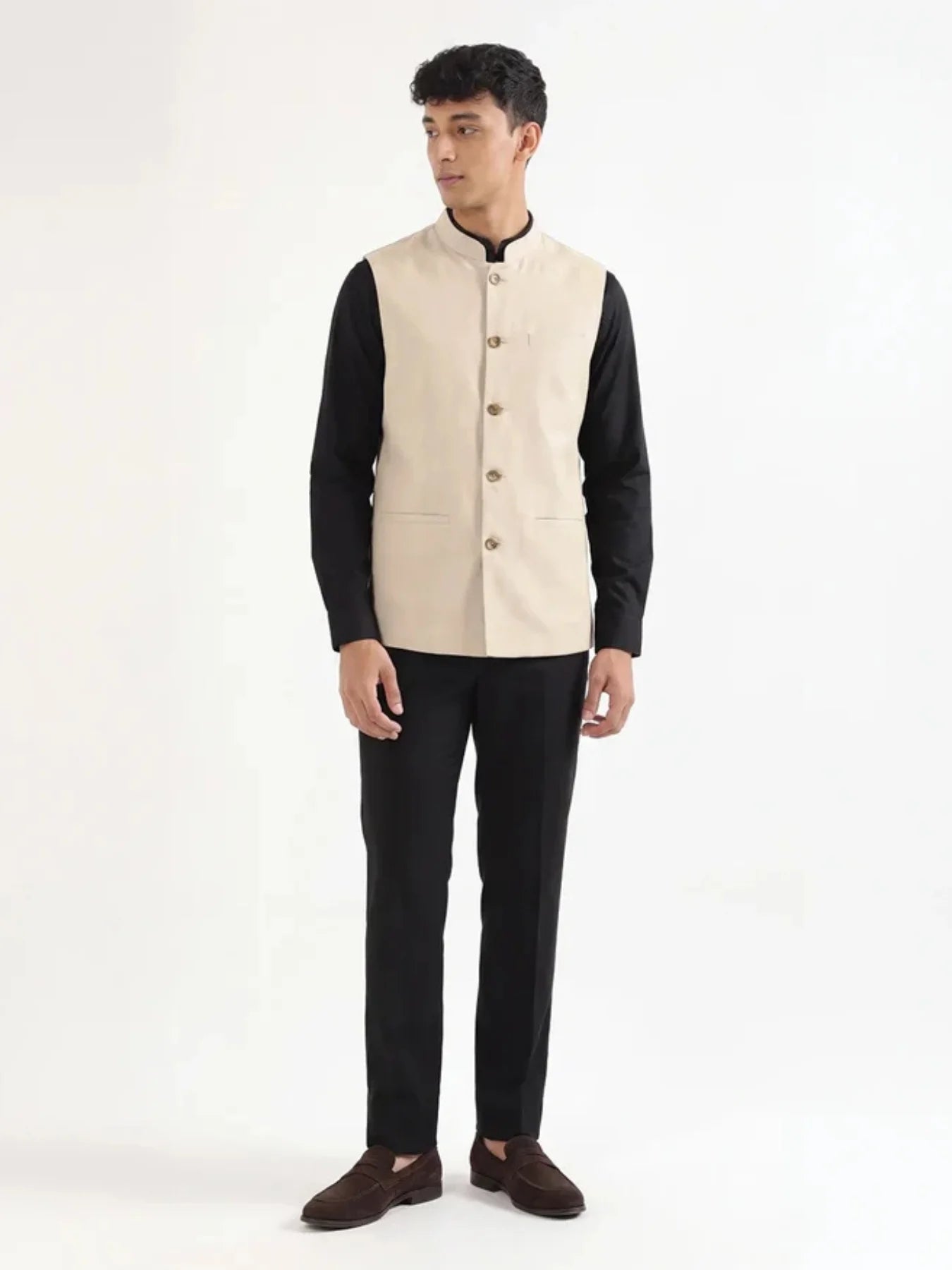 Men Fawn Airy Linen Nehru Jacket