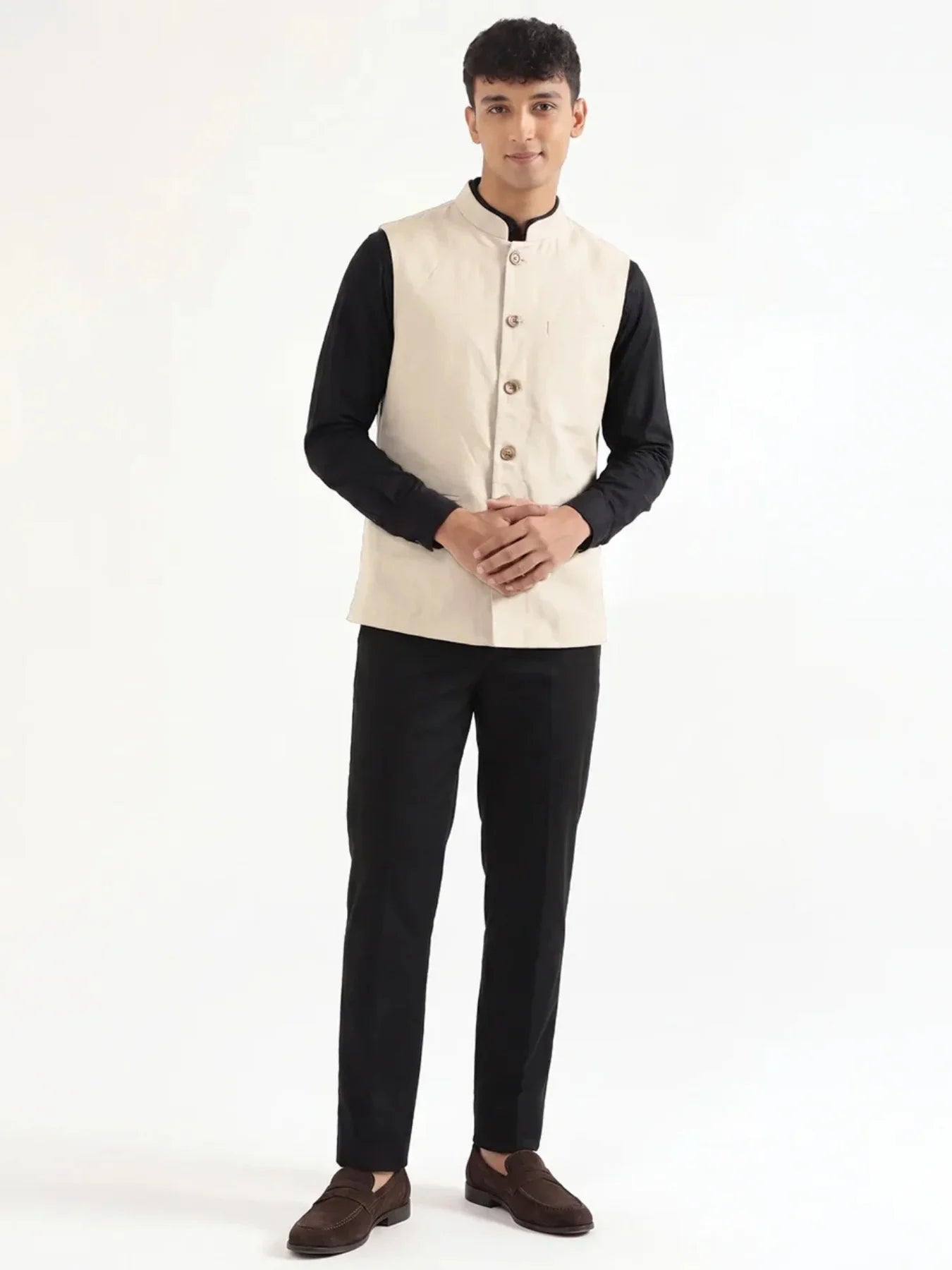 Men Fawn Airy Linen Nehru Jacket