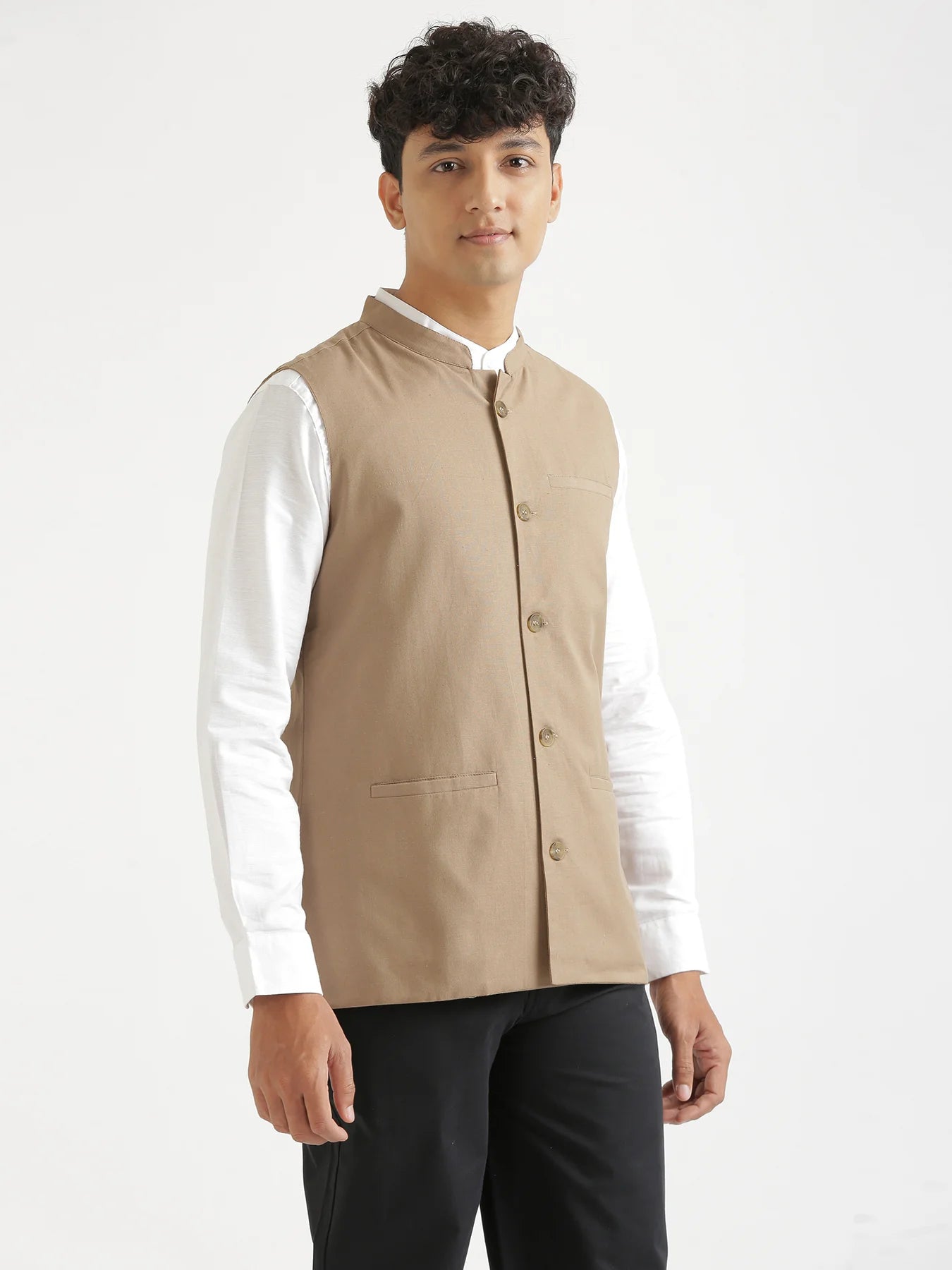 Men Khakhi Airy Linen Nehru Jacket