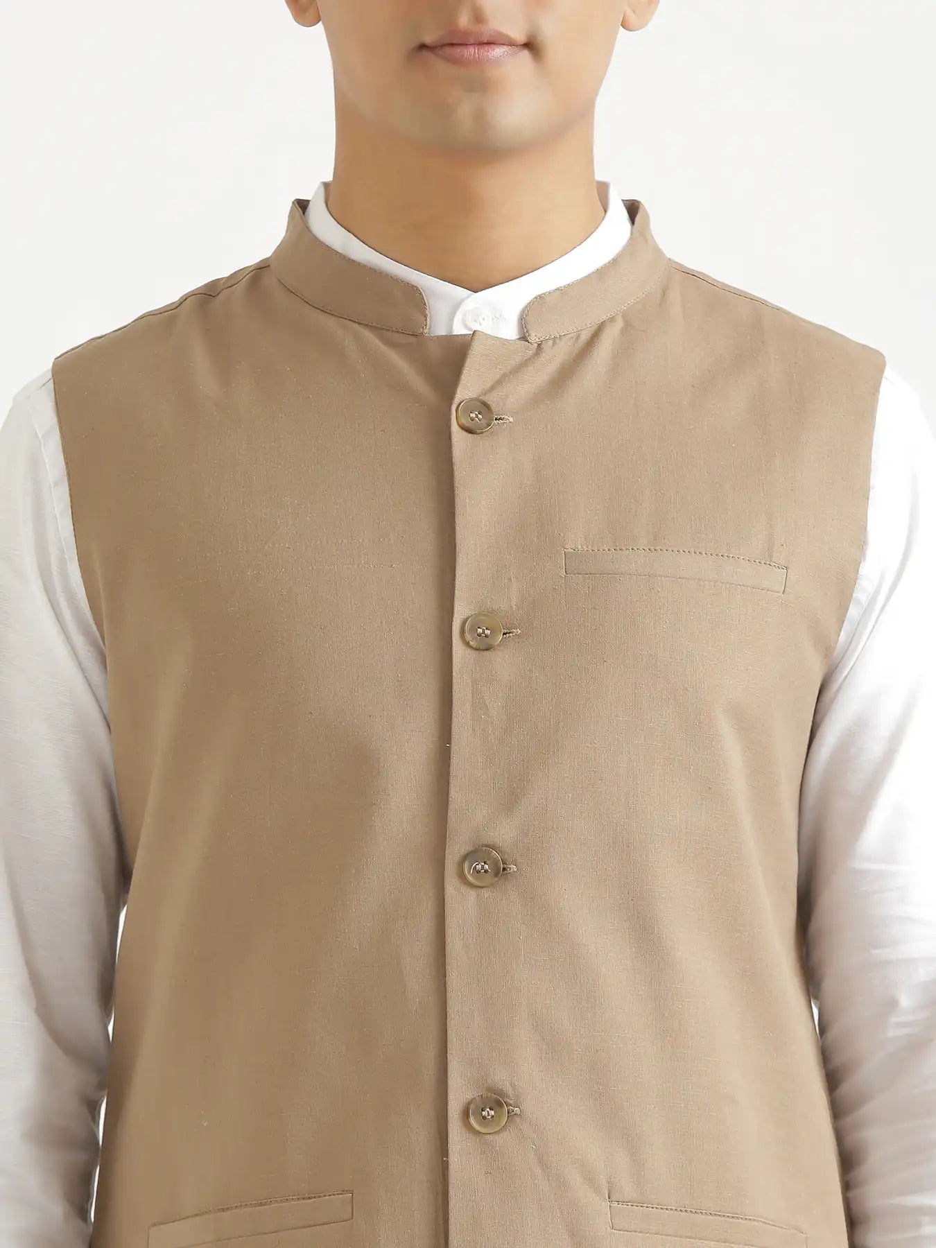 Men Khakhi Airy Linen Nehru Jacket
