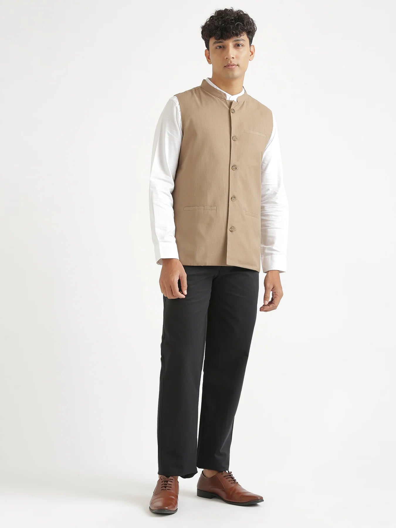 Men Khakhi Airy Linen Nehru Jacket