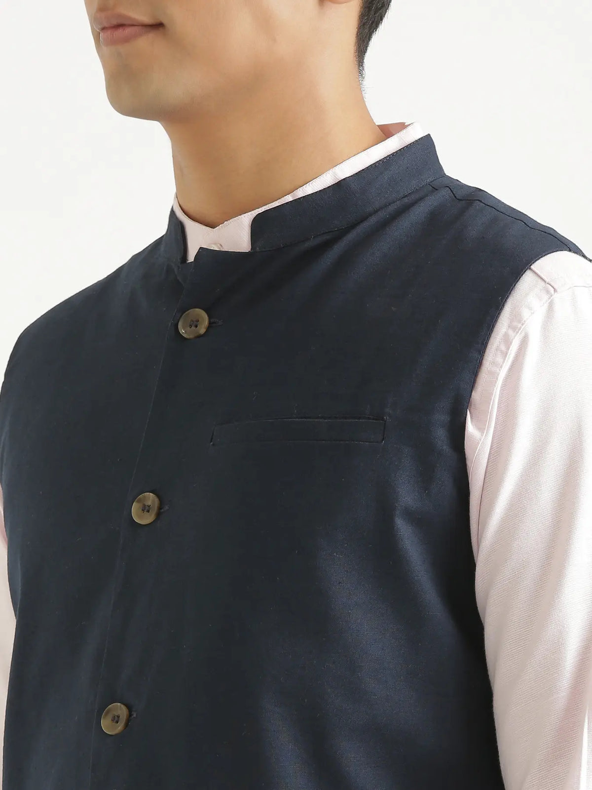 Men Navy Blue Airy Linen Nehru Jacket