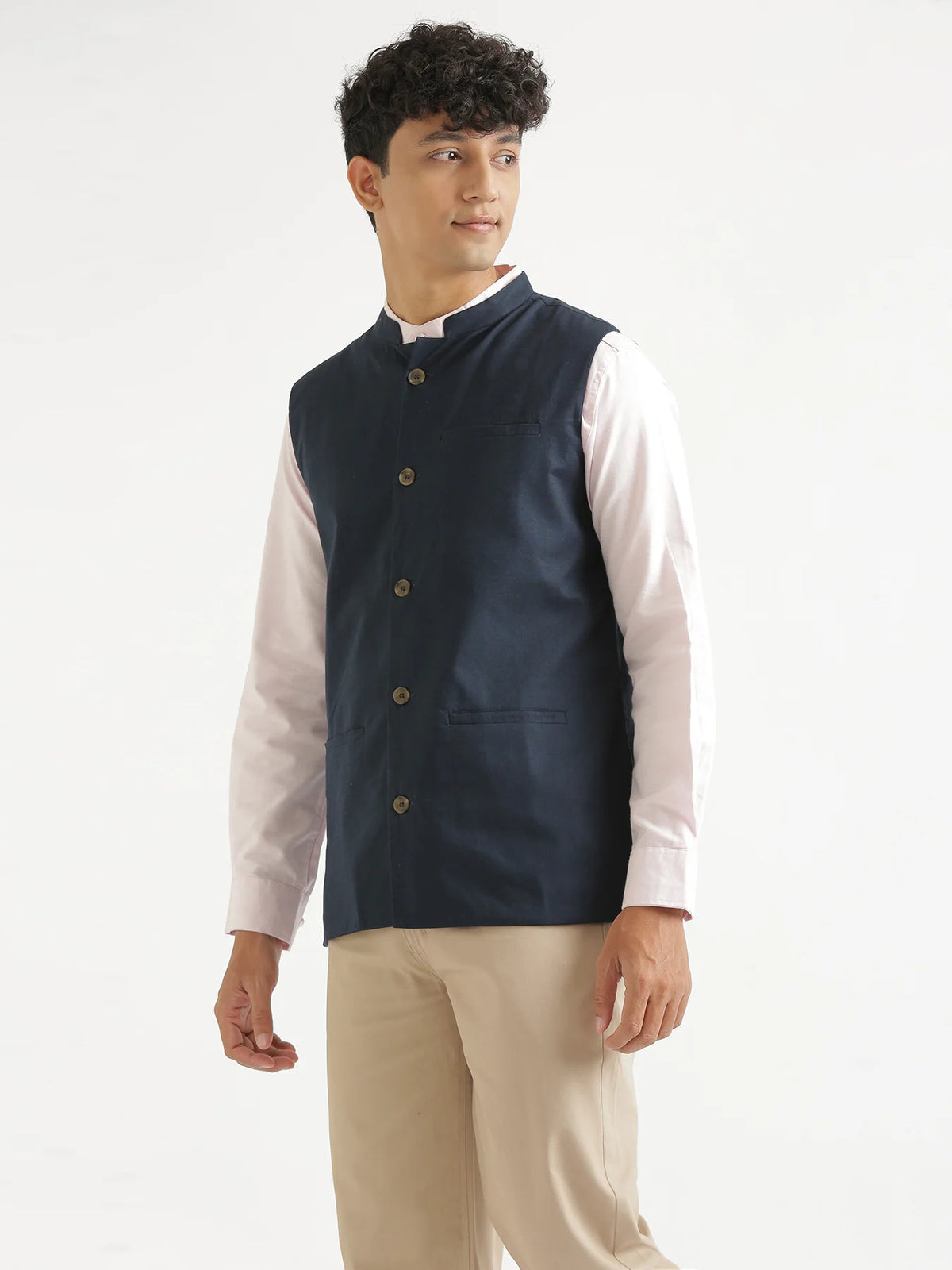 Men Navy Blue Airy Linen Nehru Jacket