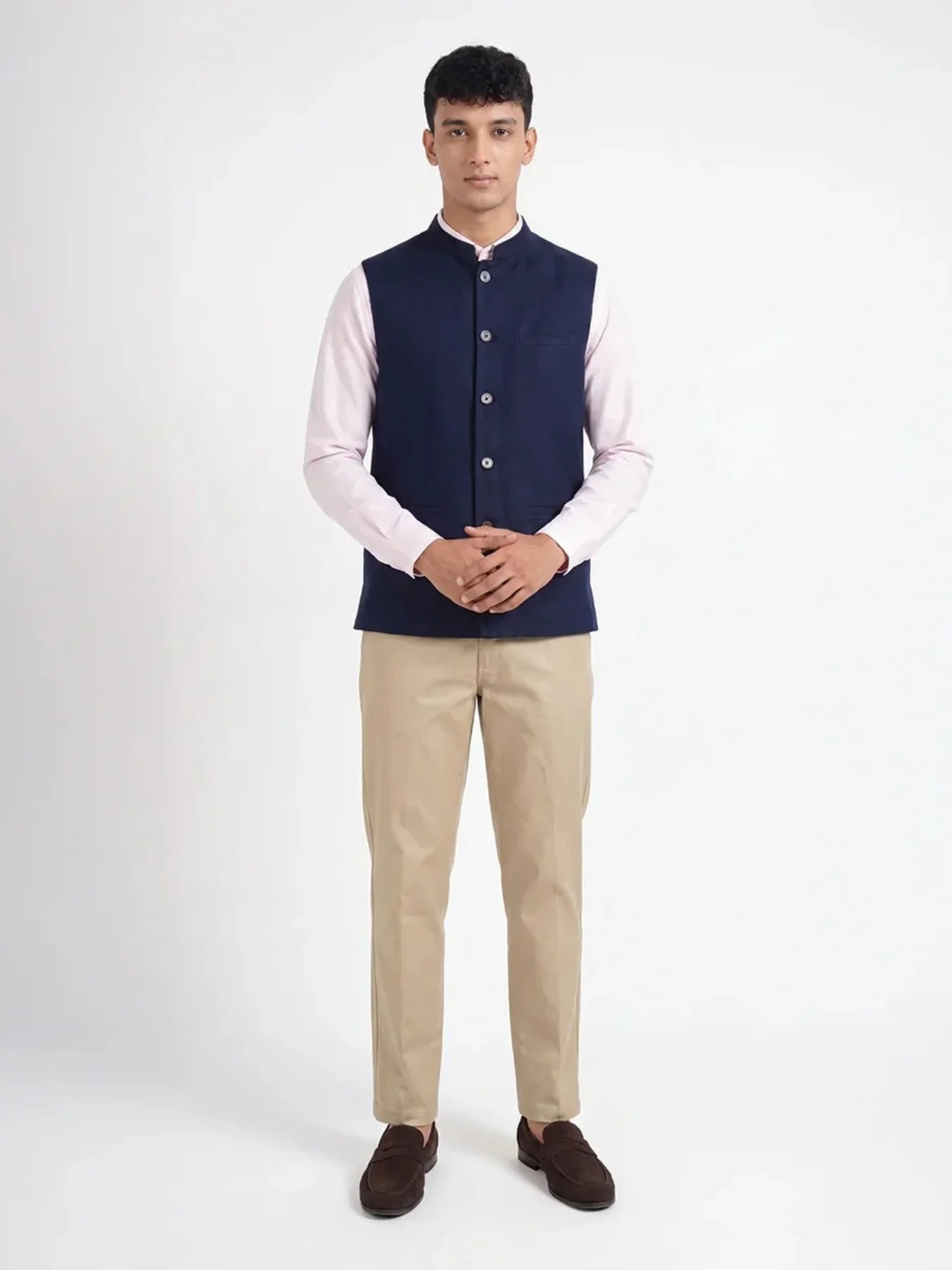 Men Navy Blue Airy Linen Nehru Jacket