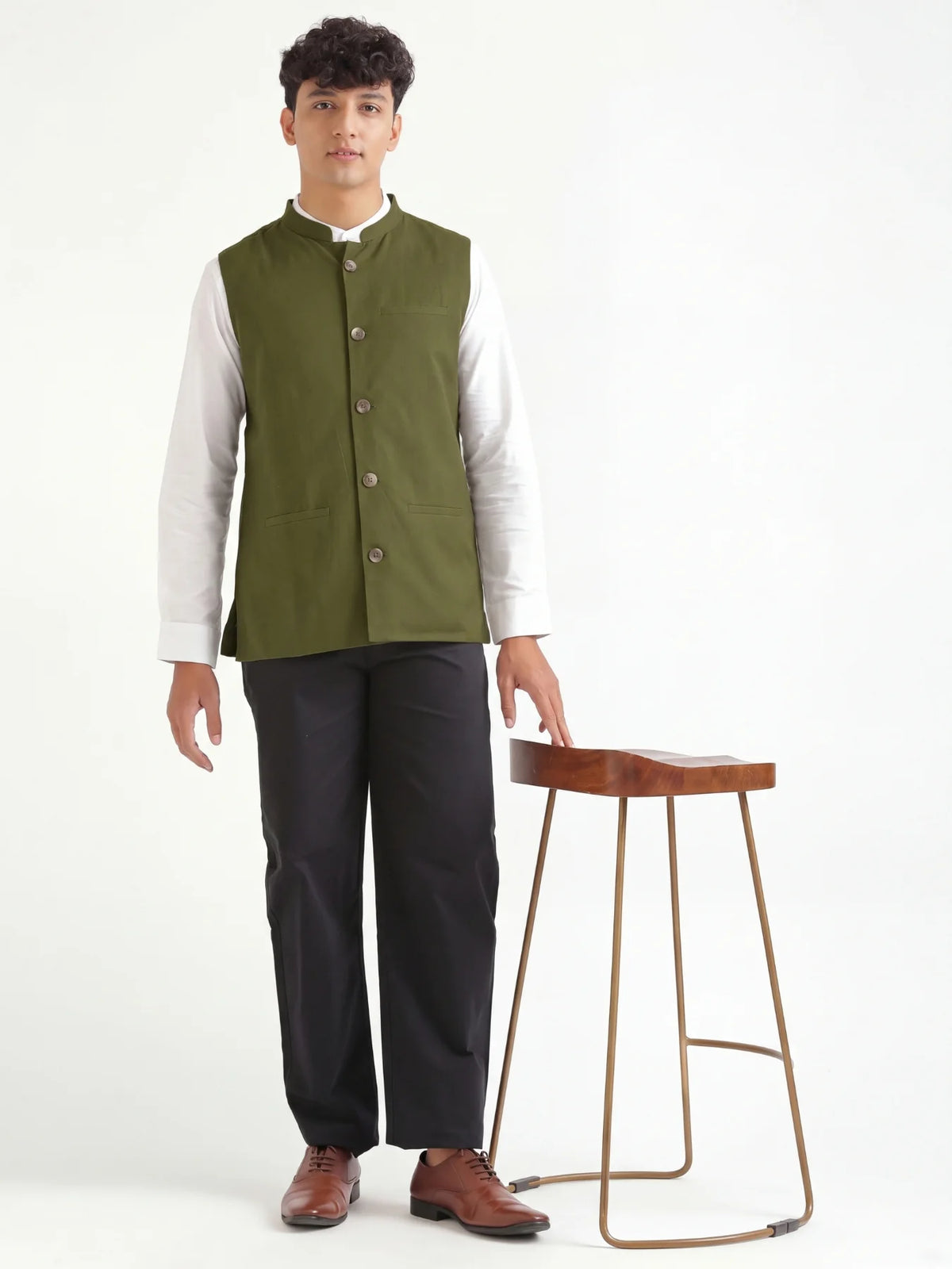 Men Olive Green Airy Linen Nehru Jacket