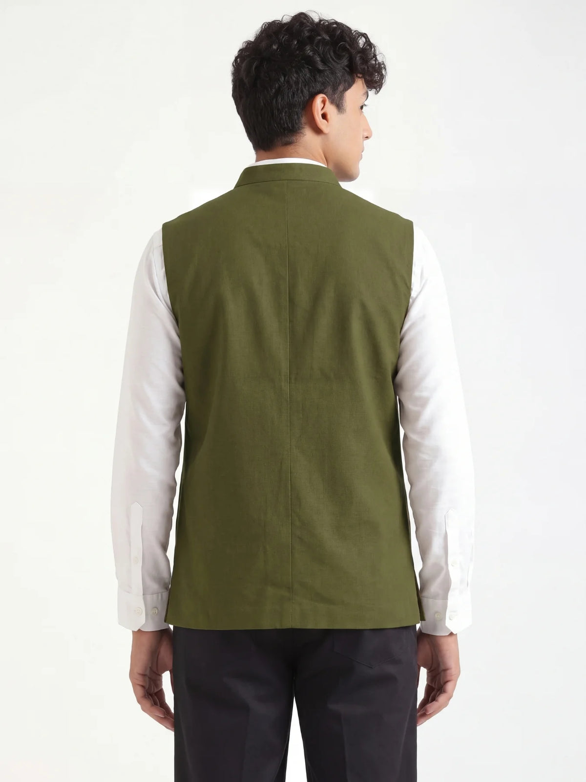 Men Olive Green Airy Linen Nehru Jacket