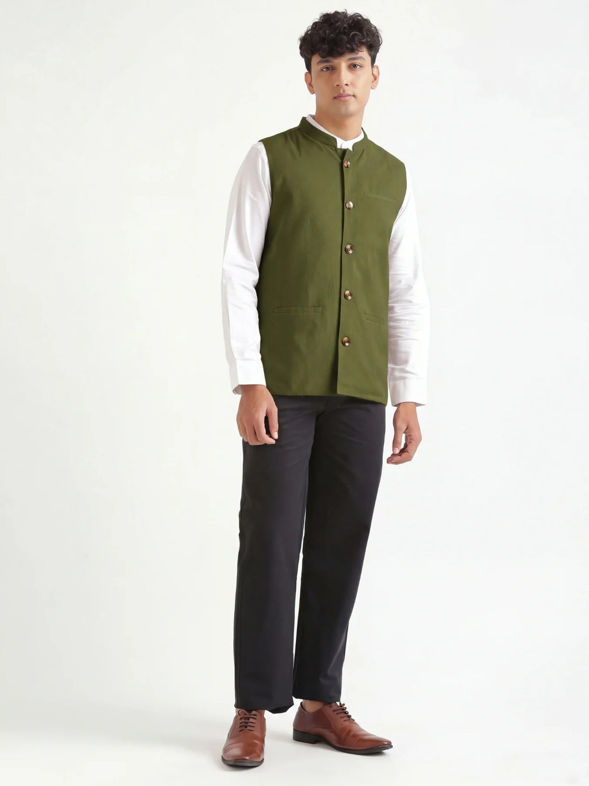 Men Olive Green Airy Linen Nehru Jacket