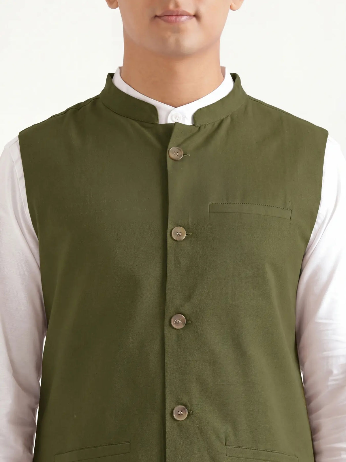 Men Olive Green Airy Linen Nehru Jacket