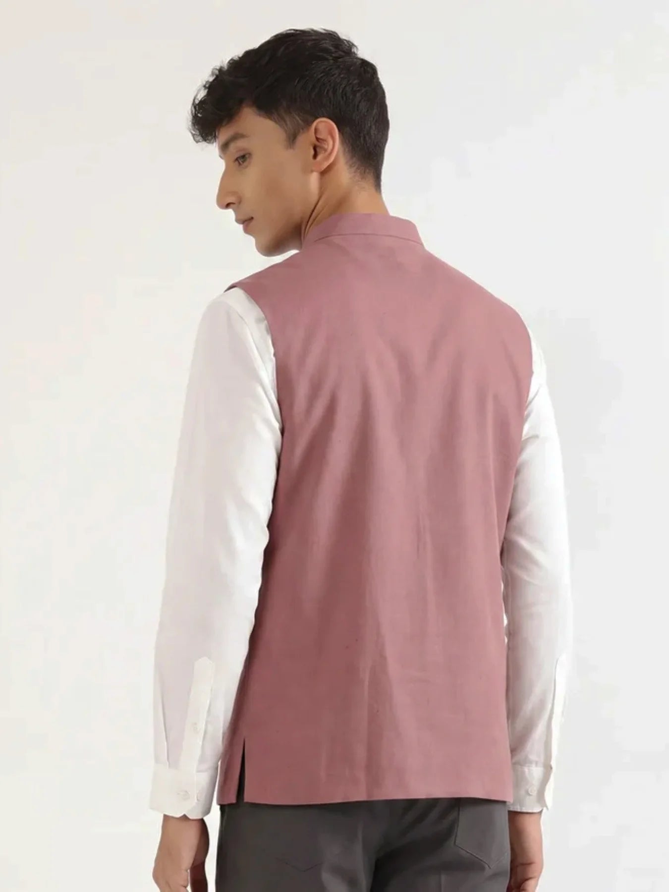 Men Rose Taupe Airy Linen Nehru Jacket