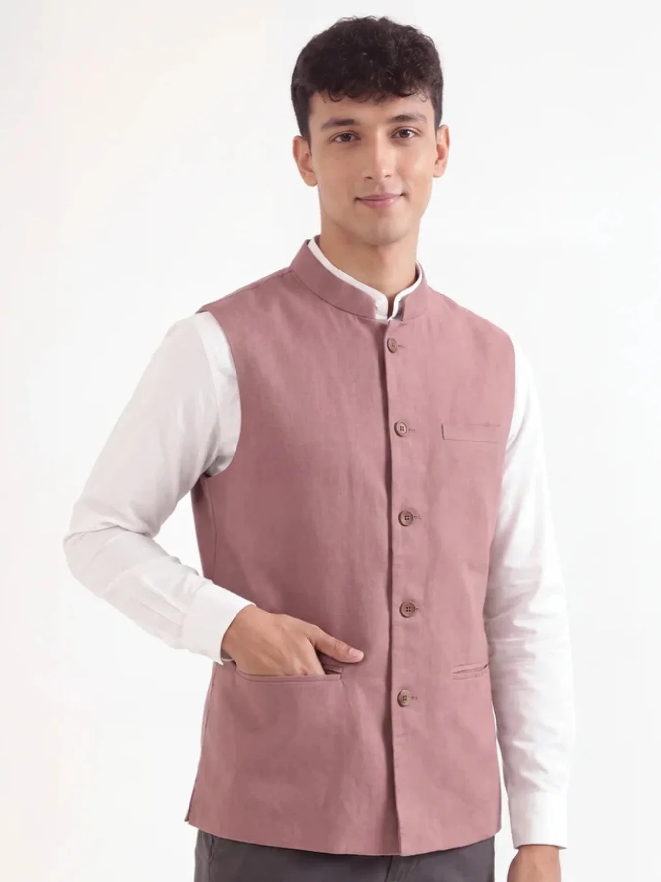 Men Rose Taupe Airy Linen Nehru Jacket