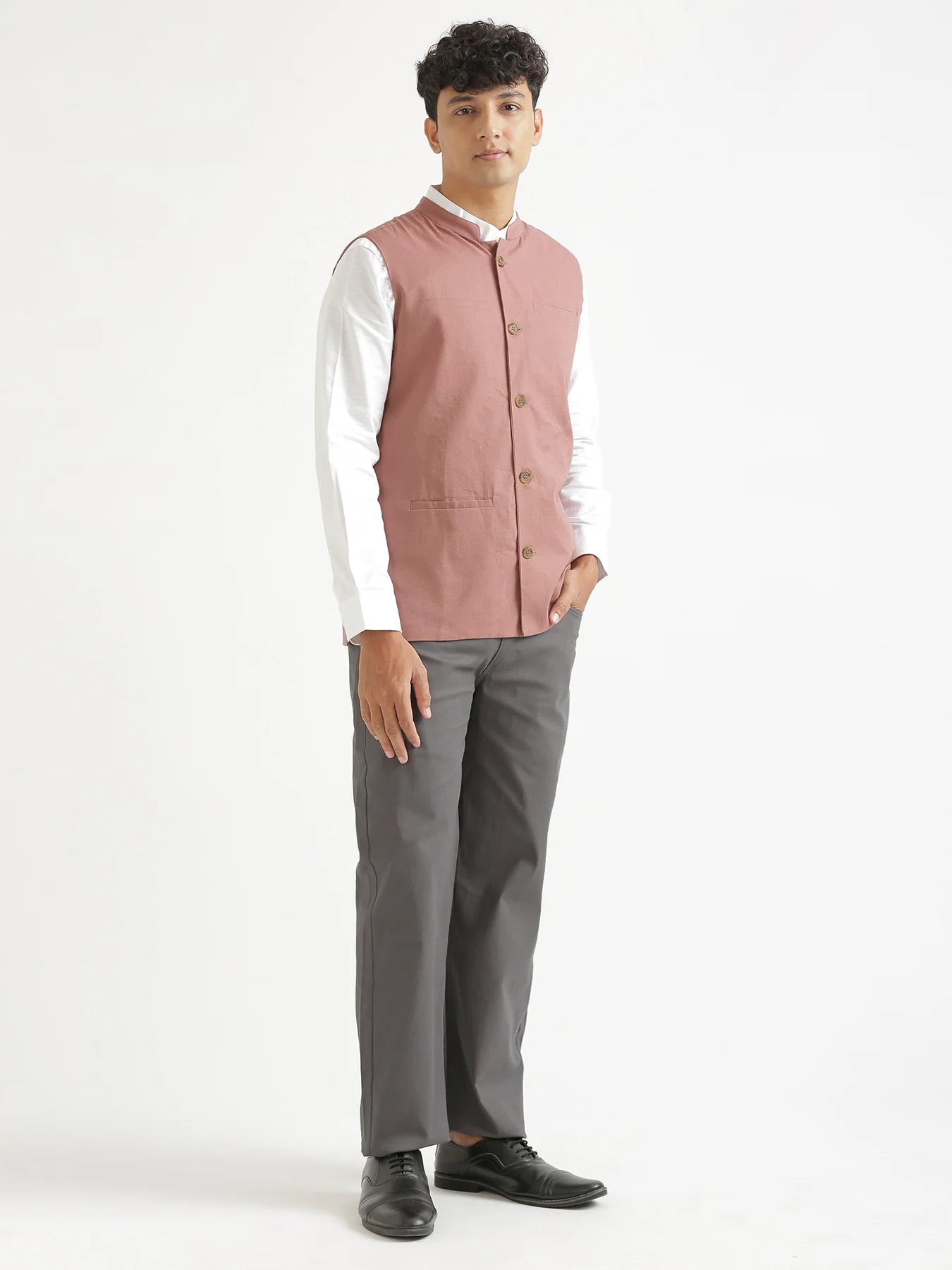 Men Rose Taupe Airy Linen Nehru Jacket