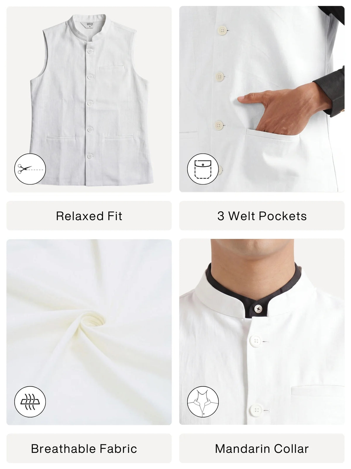 Men White Airy Linen Nehru Jacket