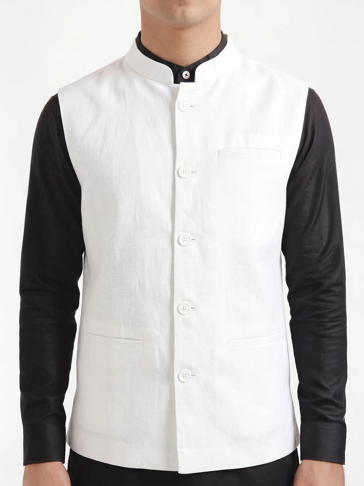 Men White Airy Linen Nehru Jacket