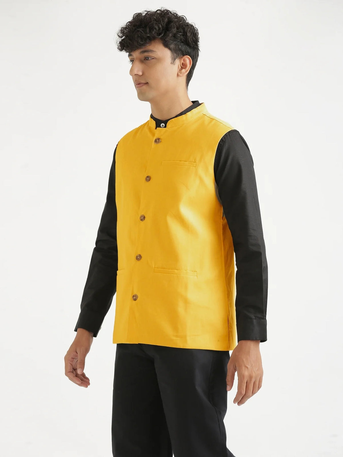 Men Yellow Airy Linen Nehru Jacket