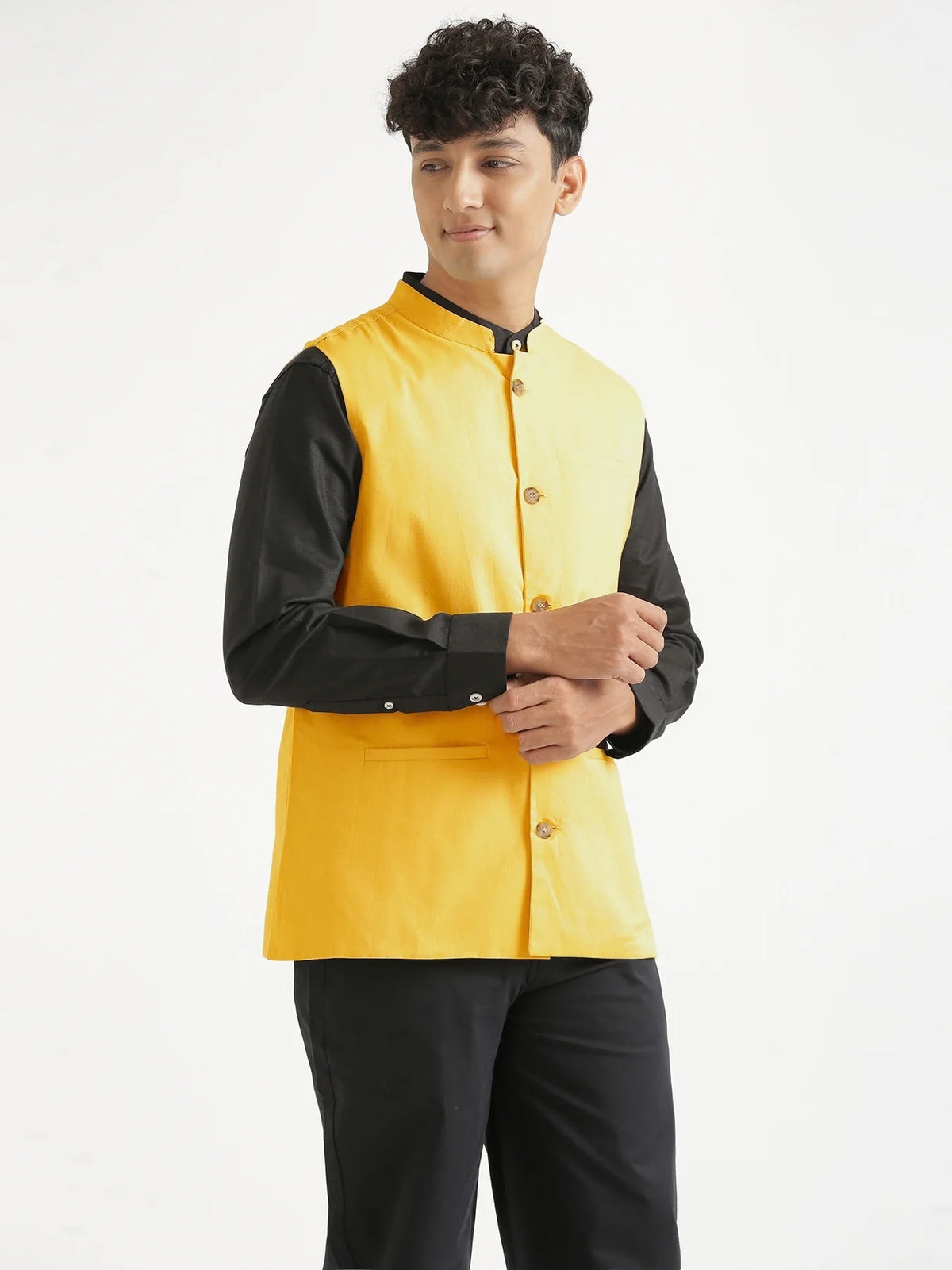 Men Yellow Airy Linen Nehru Jacket