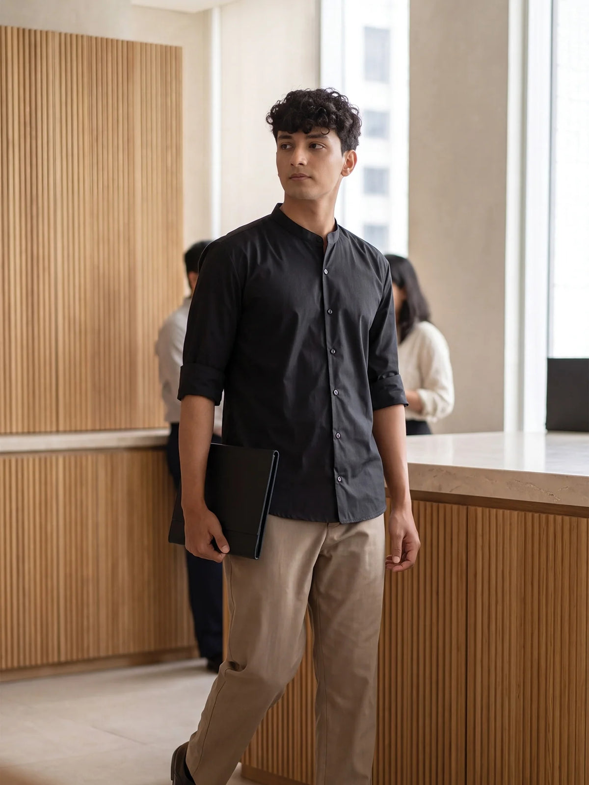 Men Black Better Cotton Mandarin Collar Shirt