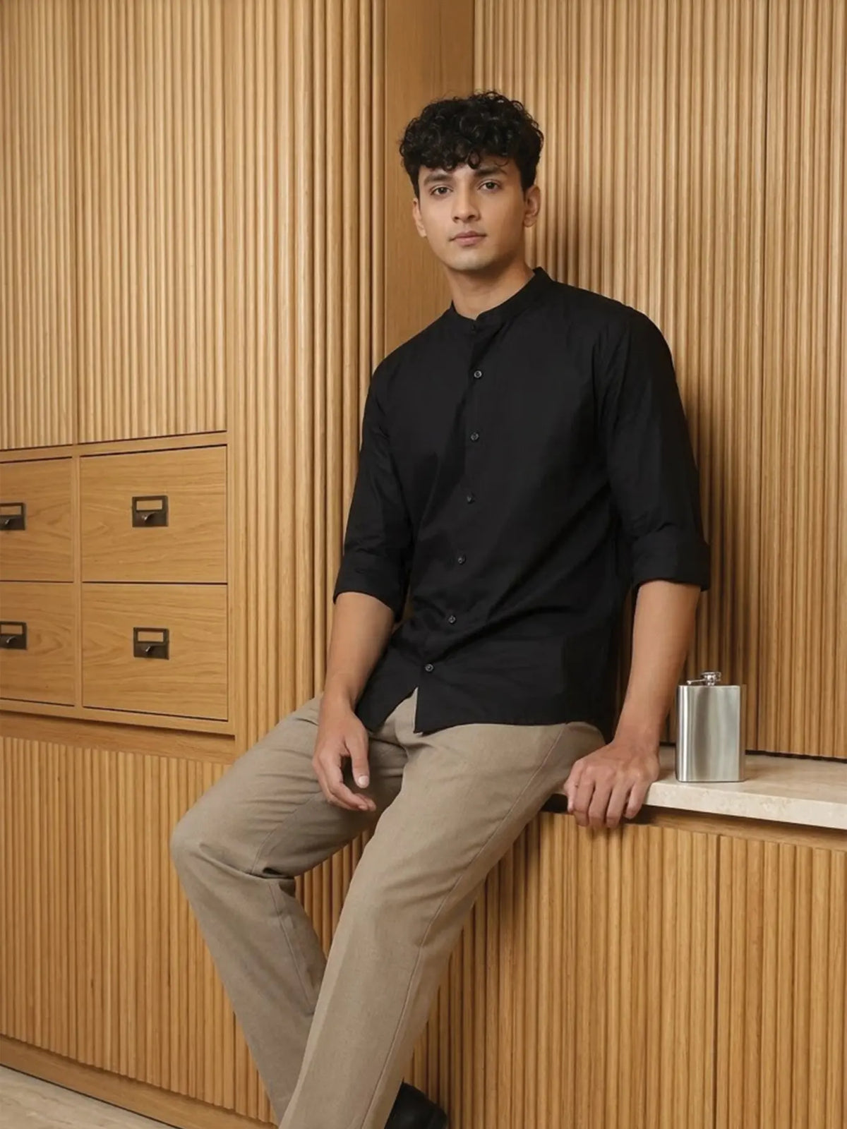 Men Black Better Cotton Mandarin Collar Shirt