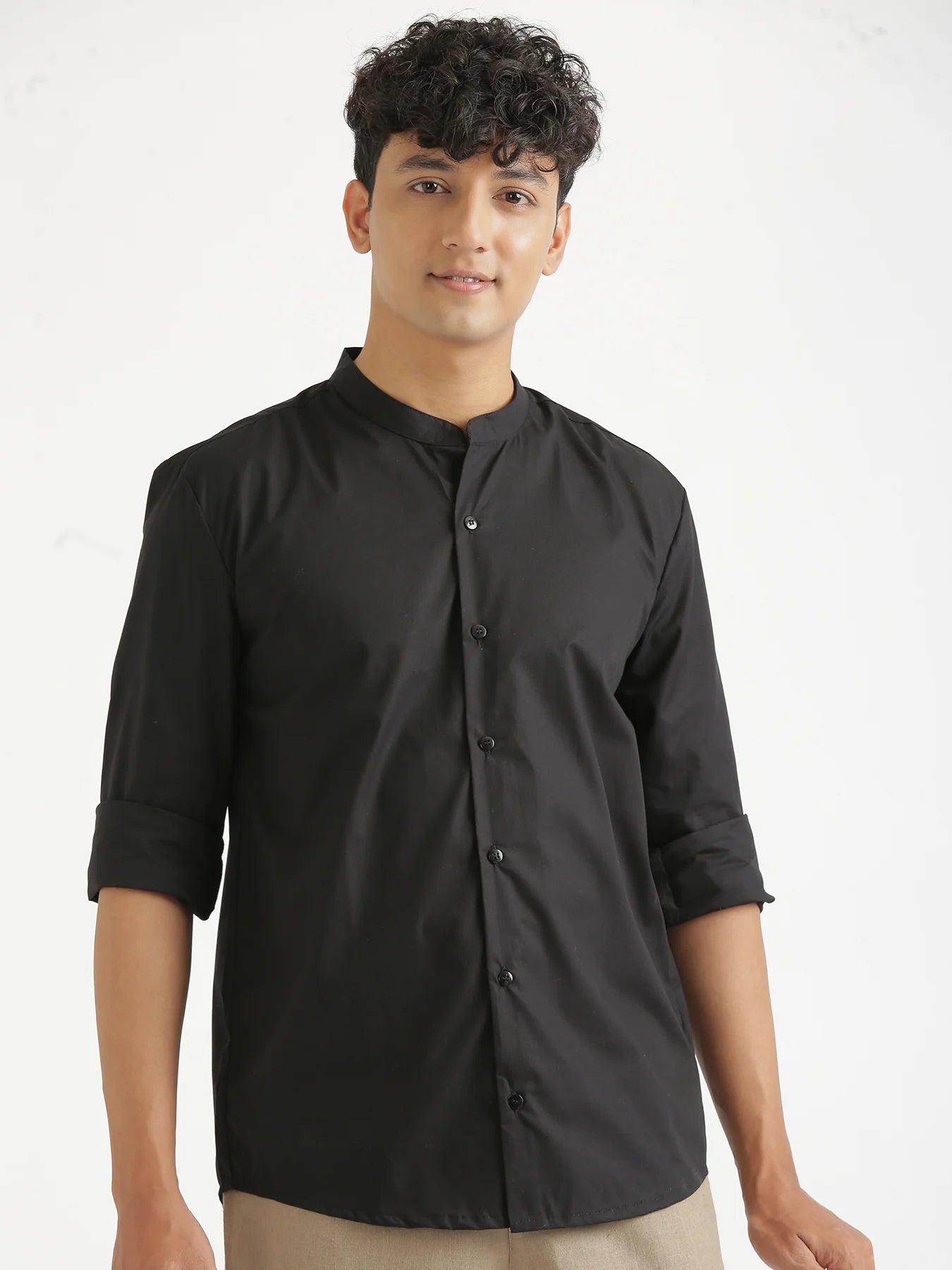 Men Black Better Cotton Mandarin Collar Shirt