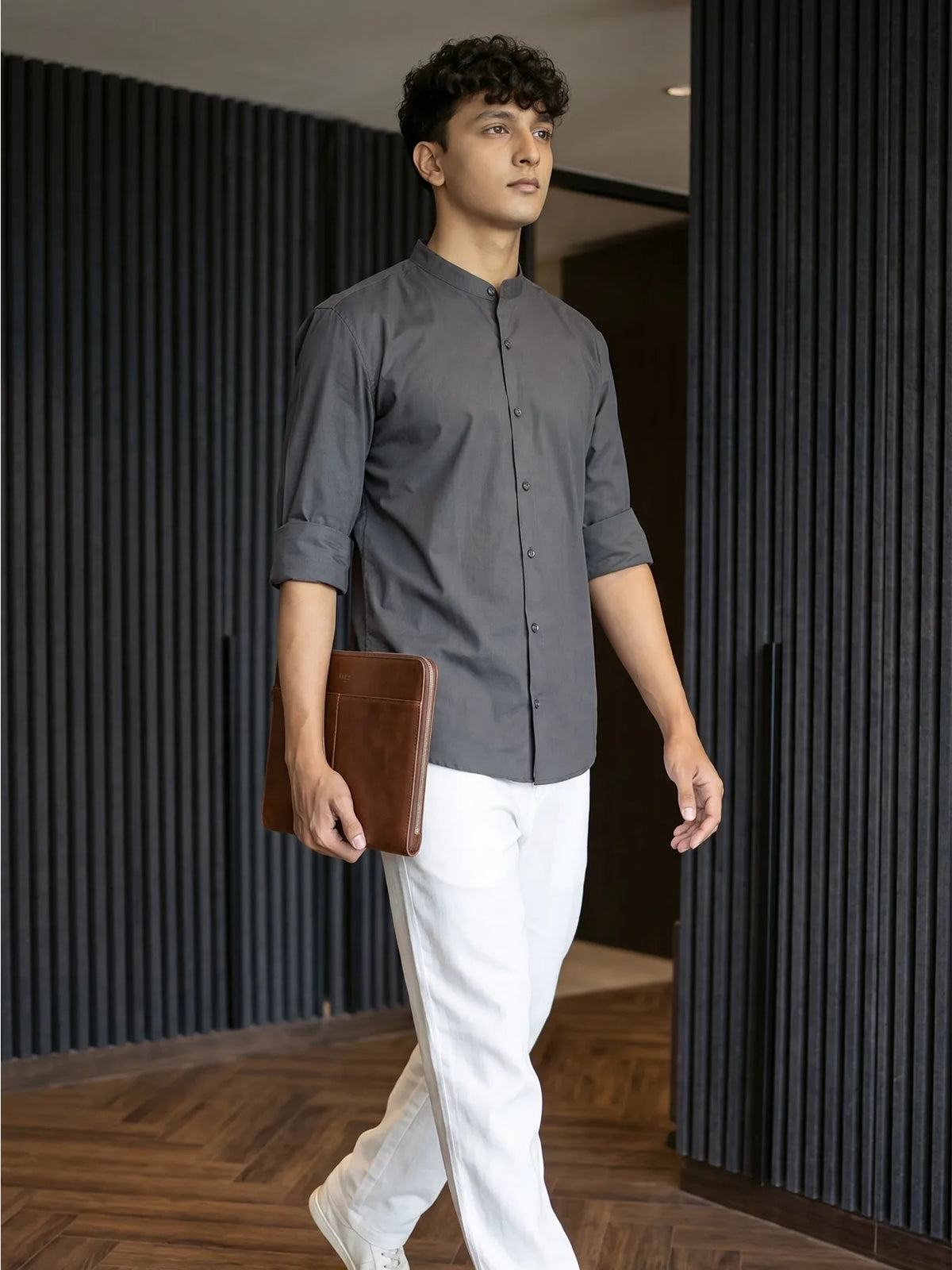 Men Dark Grey Better Cotton Mandarin Collar Shirt