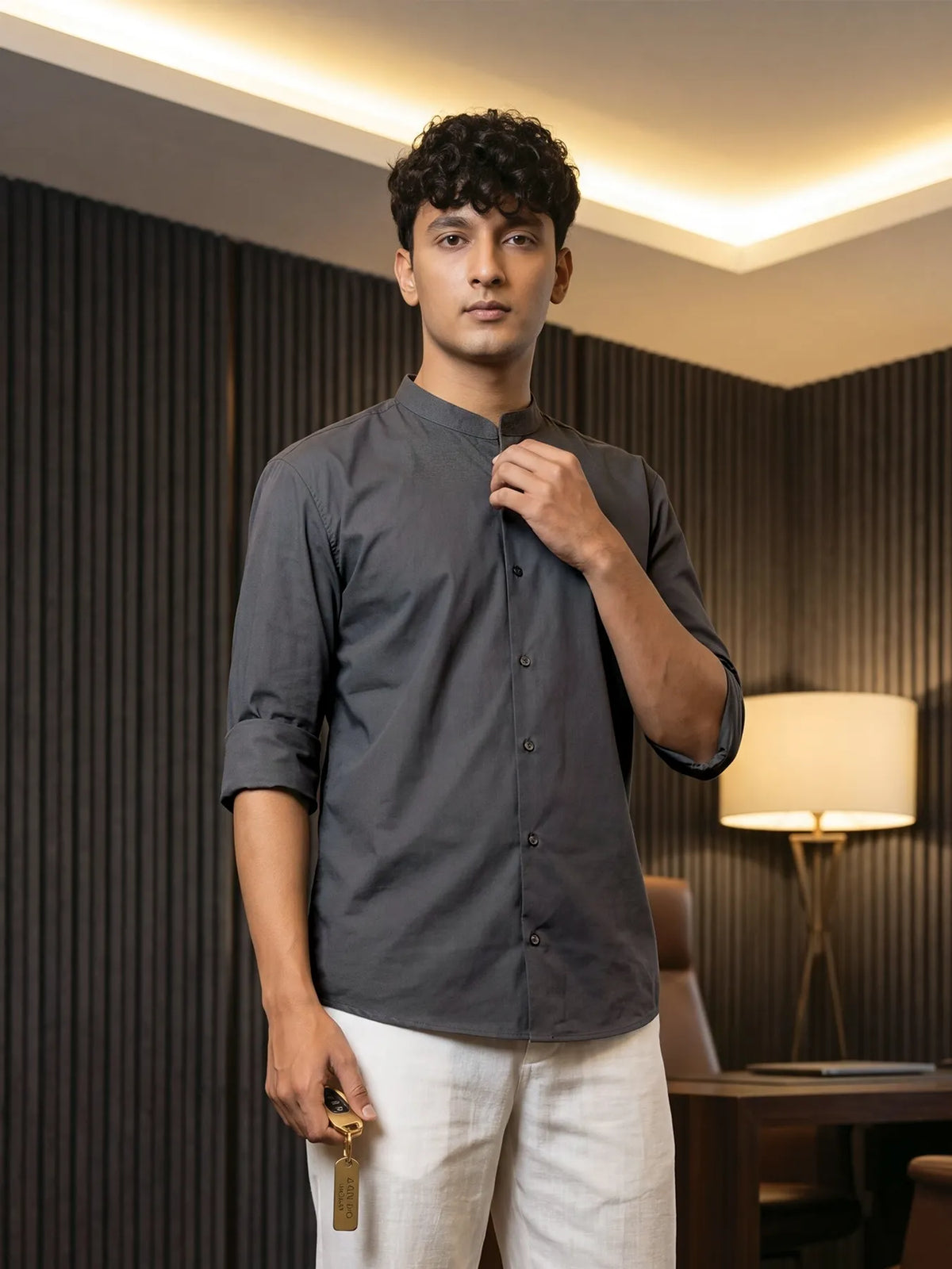 Men Dark Grey Better Cotton Mandarin Collar Shirt