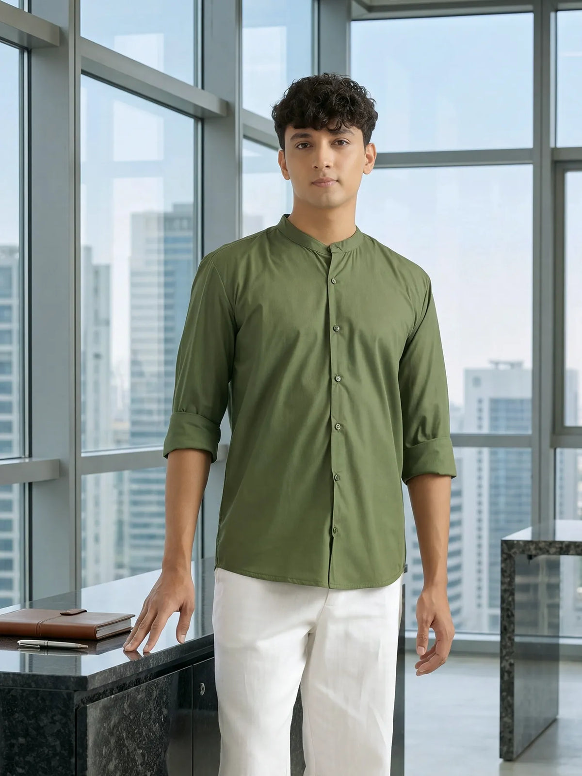 Men Forest Green Better Cotton Mandarin Collar Shirt
