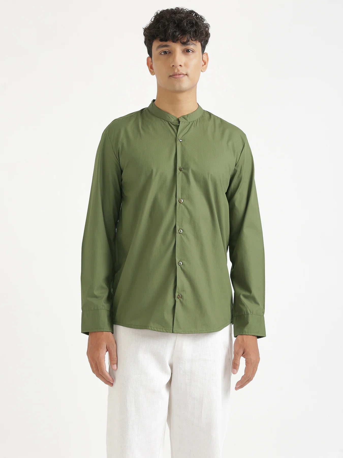 Men Forest Green Better Cotton Mandarin Collar Shirt