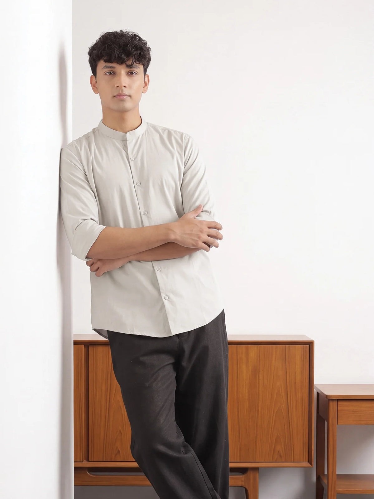 Men Grey Better Cotton Mandarin Collar Shirt