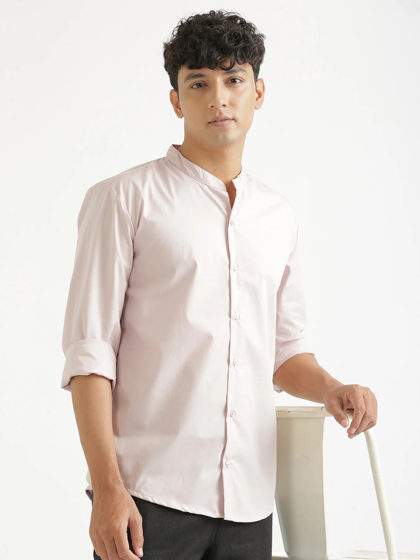 Men Mauve Pink Better Cotton Mandarin Collar Shirt
