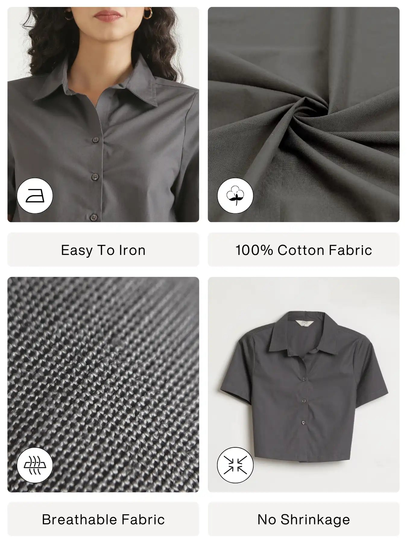 Women Dark Grey Better Cotton Crop Shirt
