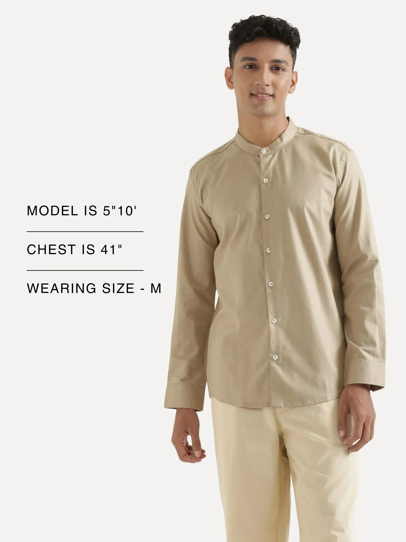 Men Taupe Linen Blend Mandarin Collar Shirt