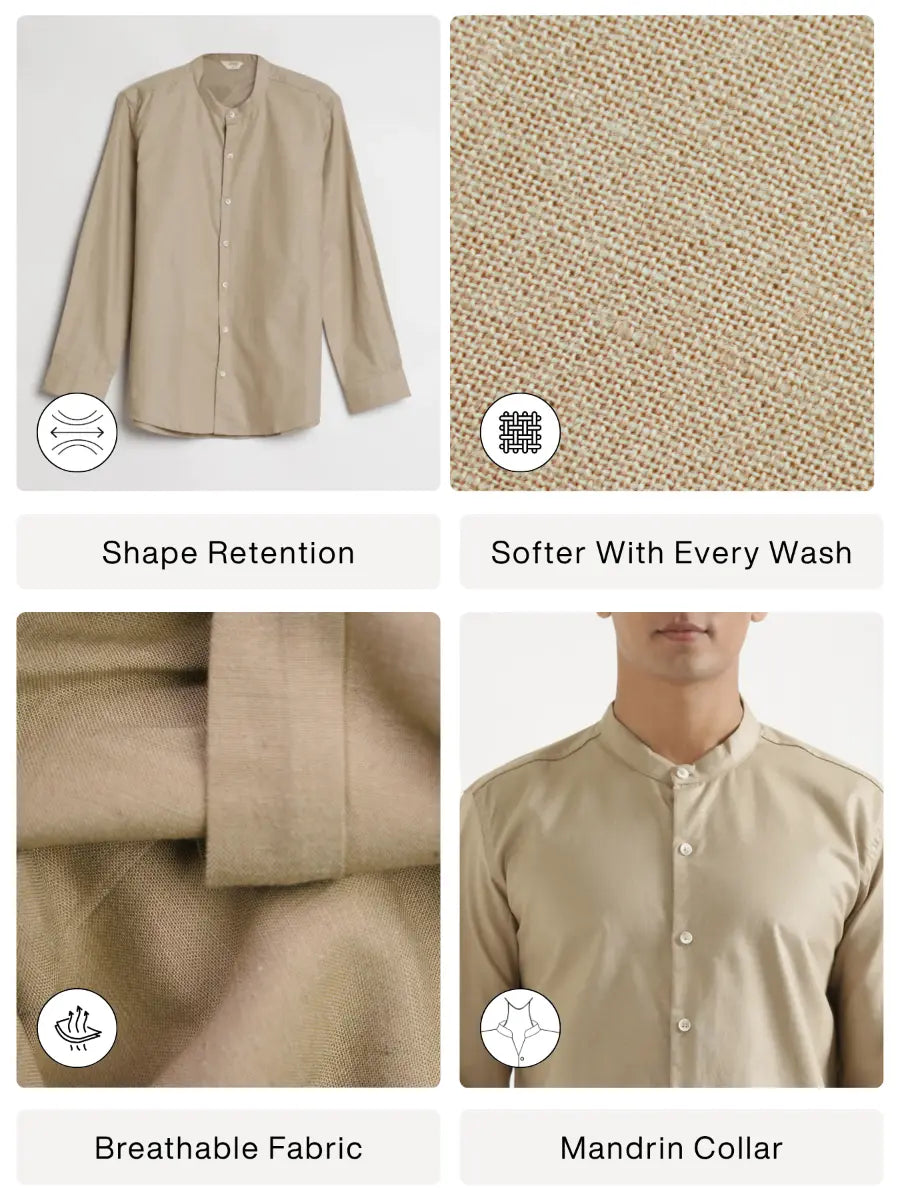 Men Taupe Linen Blend Mandarin Collar Shirt