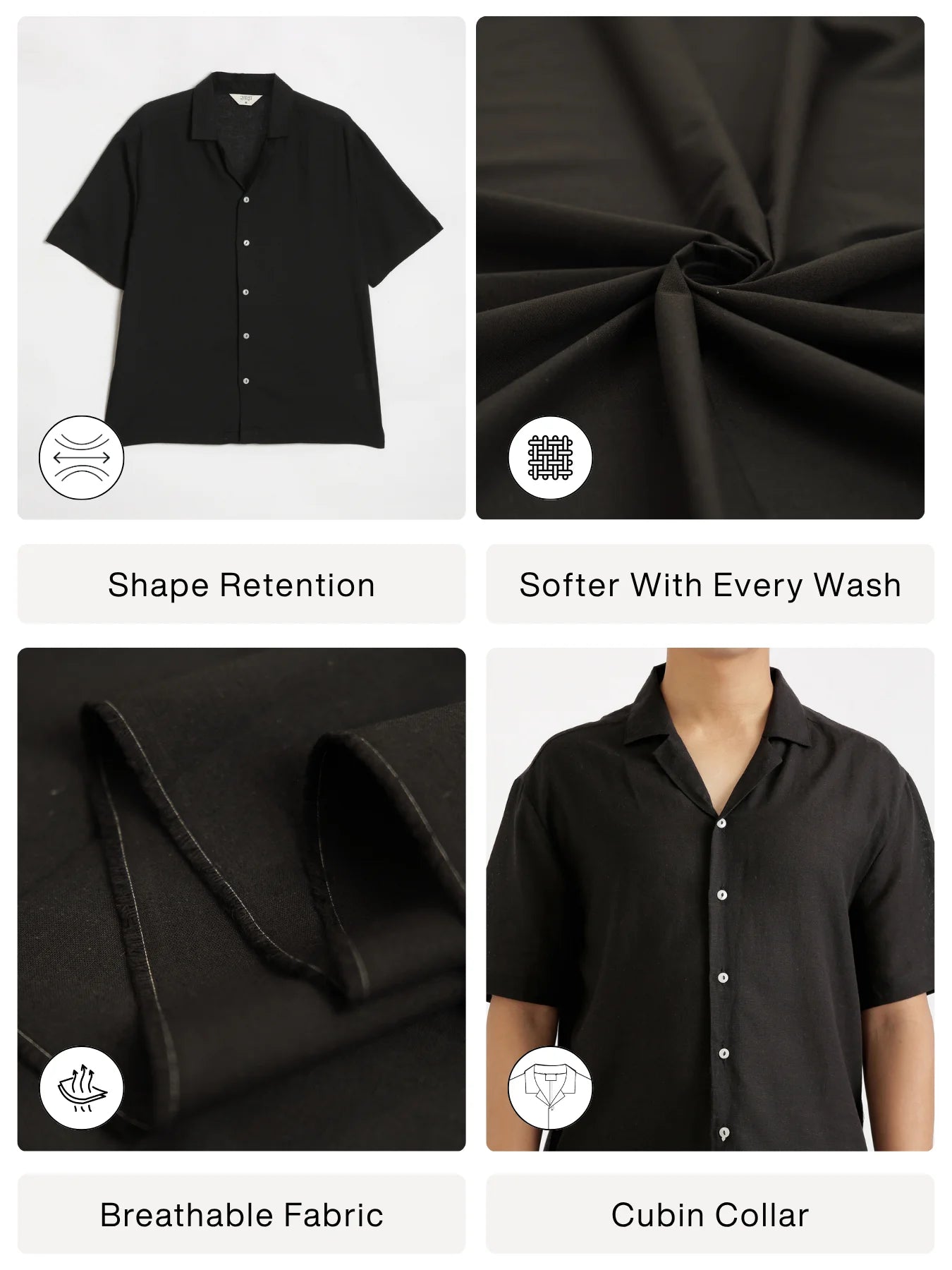 Men Flowy Linen Cuban Collar Black Shirt