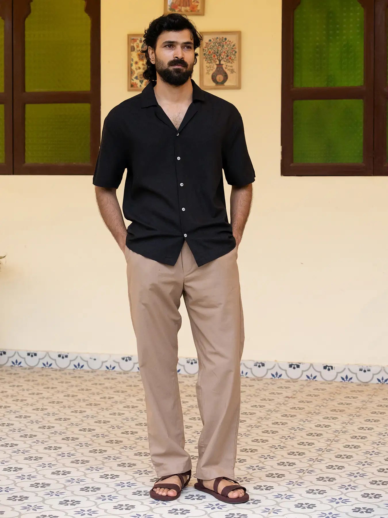 Men Flowy Linen Cuban Collar Black Shirt