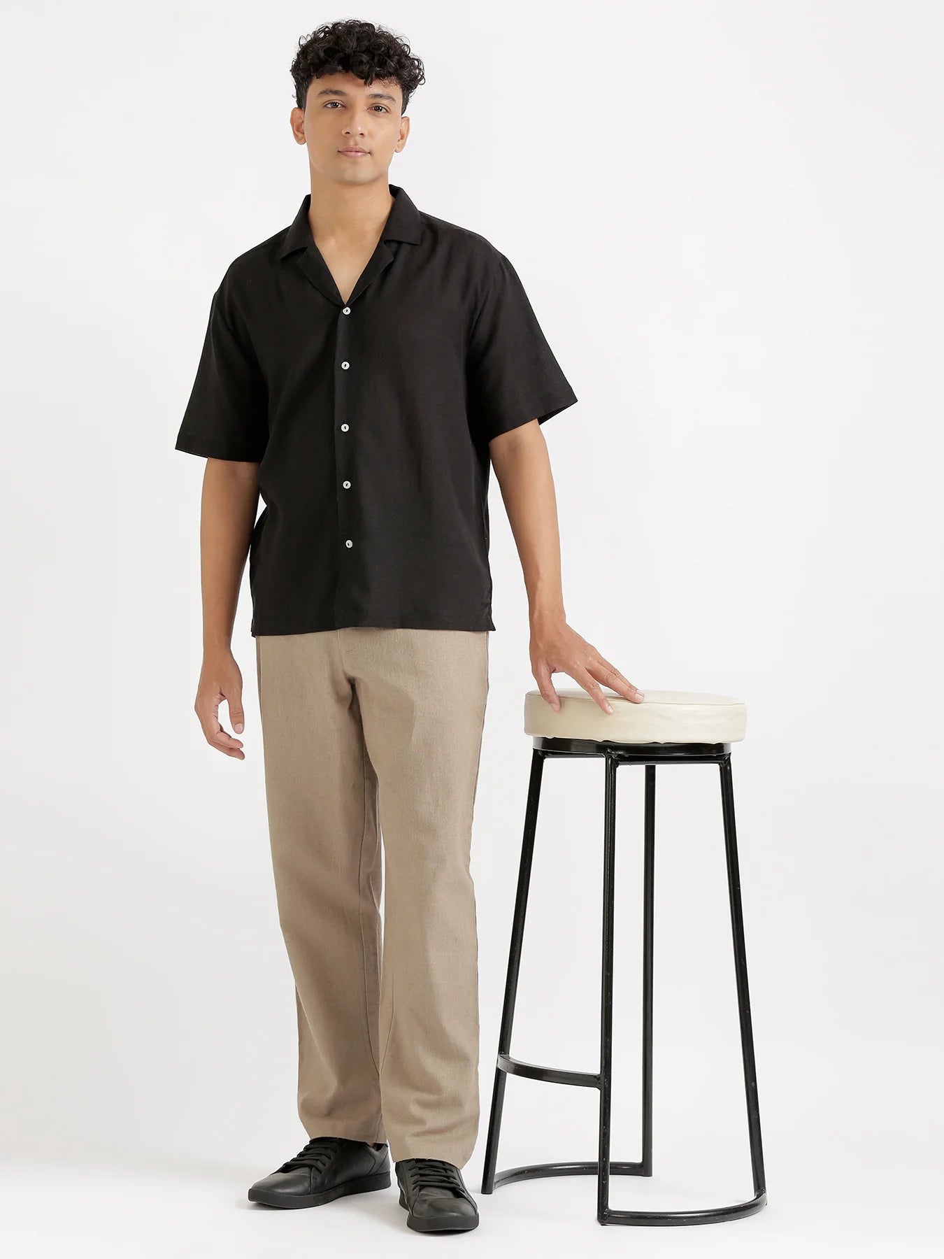 Men Flowy Linen Cuban Collar Black Shirt