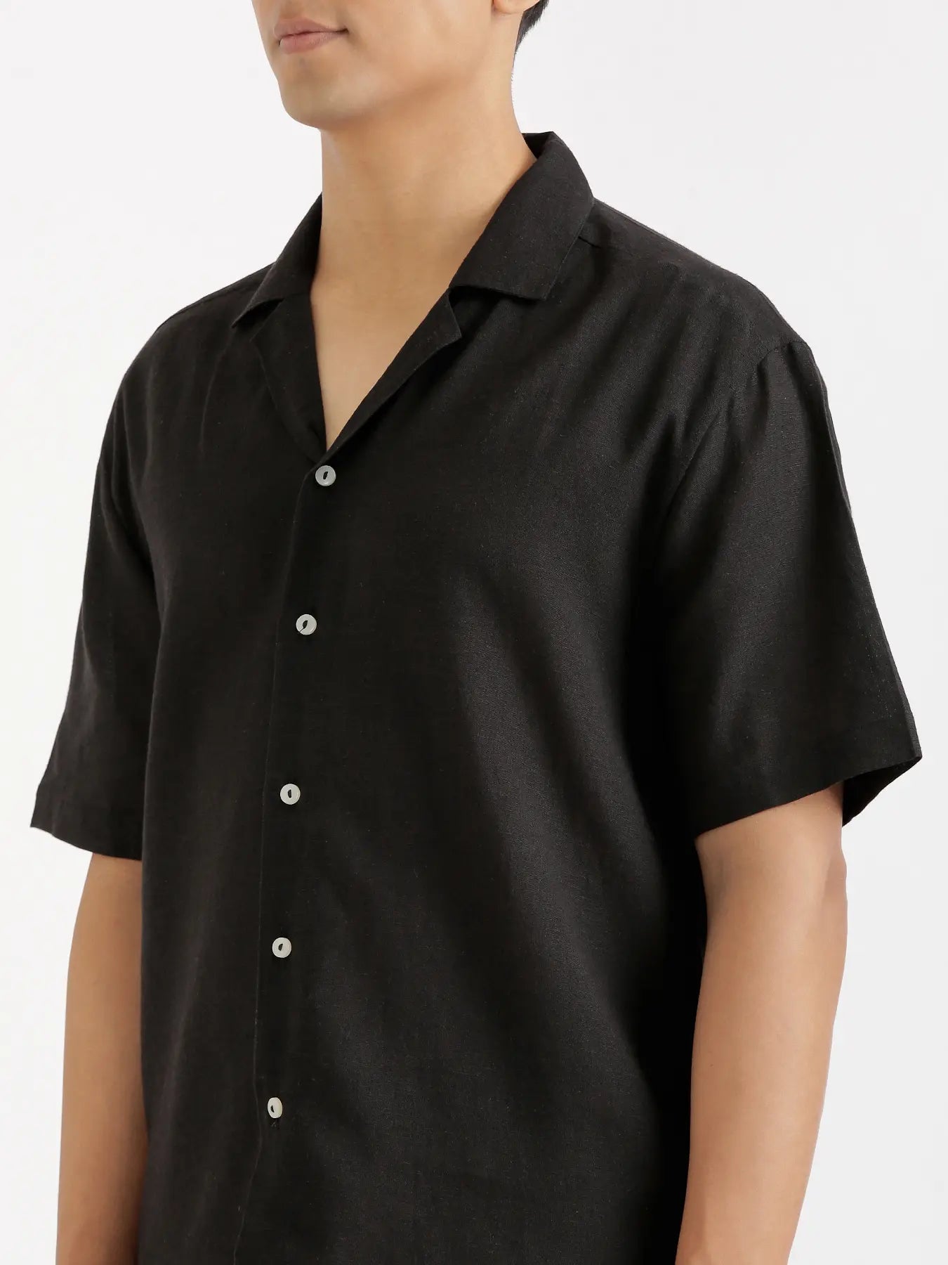 Men Flowy Linen Cuban Collar Black Shirt