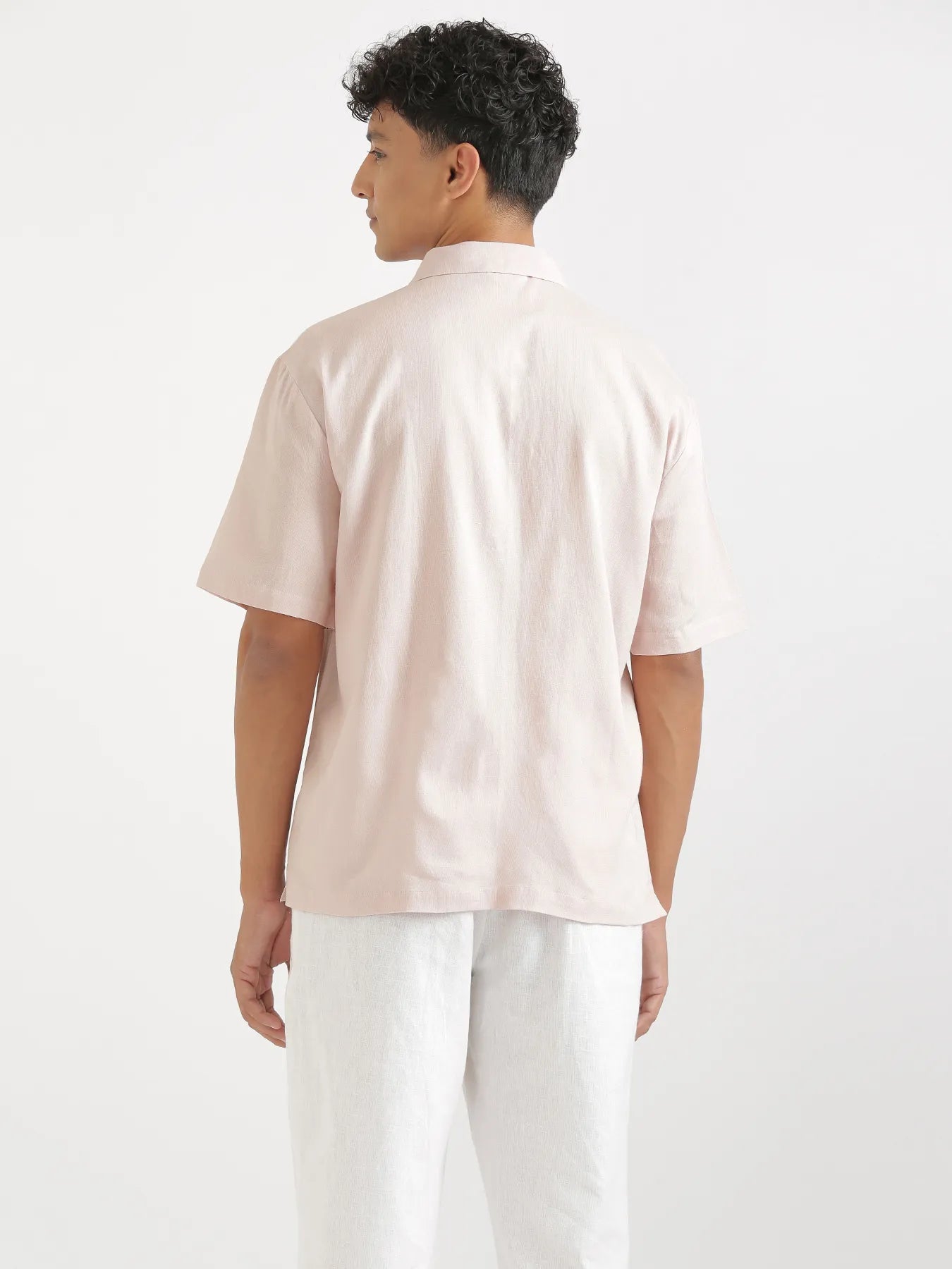 Men Flowy Linen Cuban Collar Blush Pink Shirt
