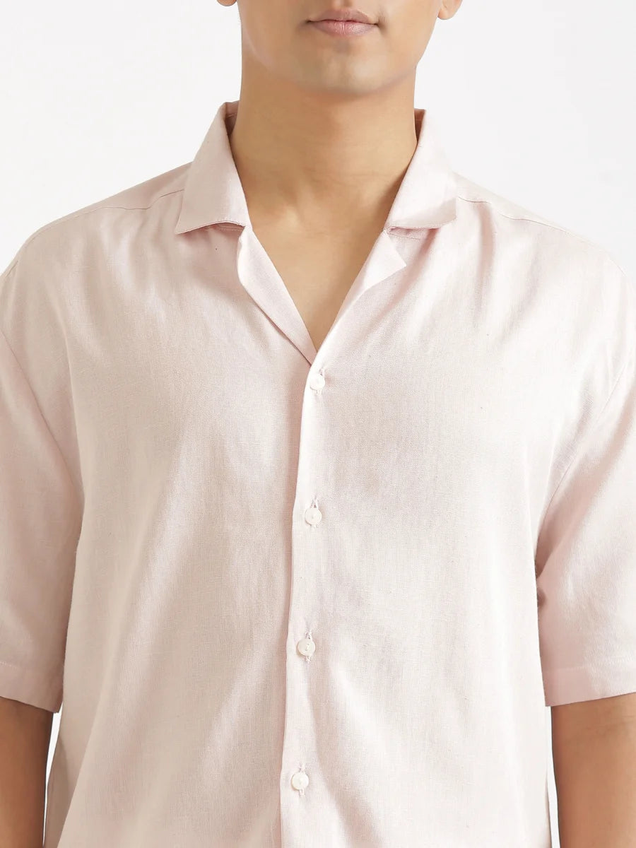 Men Flowy Linen Cuban Collar Blush Pink Shirt