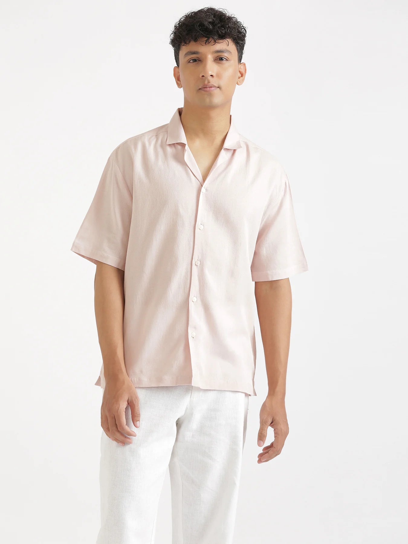 Men Flowy Linen Cuban Collar Blush Pink Shirt