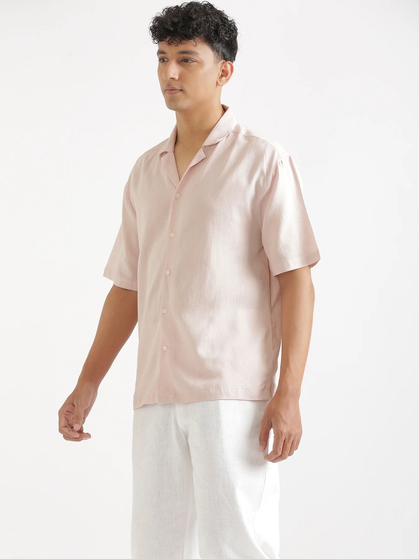 Men Flowy Linen Cuban Collar Blush Pink Shirt