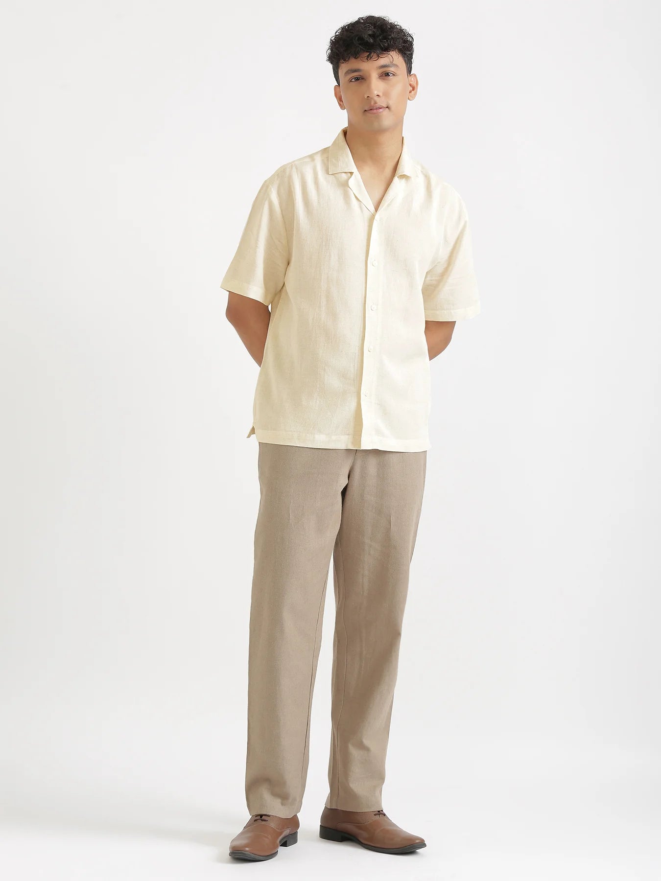 Men Flowy Linen Cuban Collar Ecru Shirt