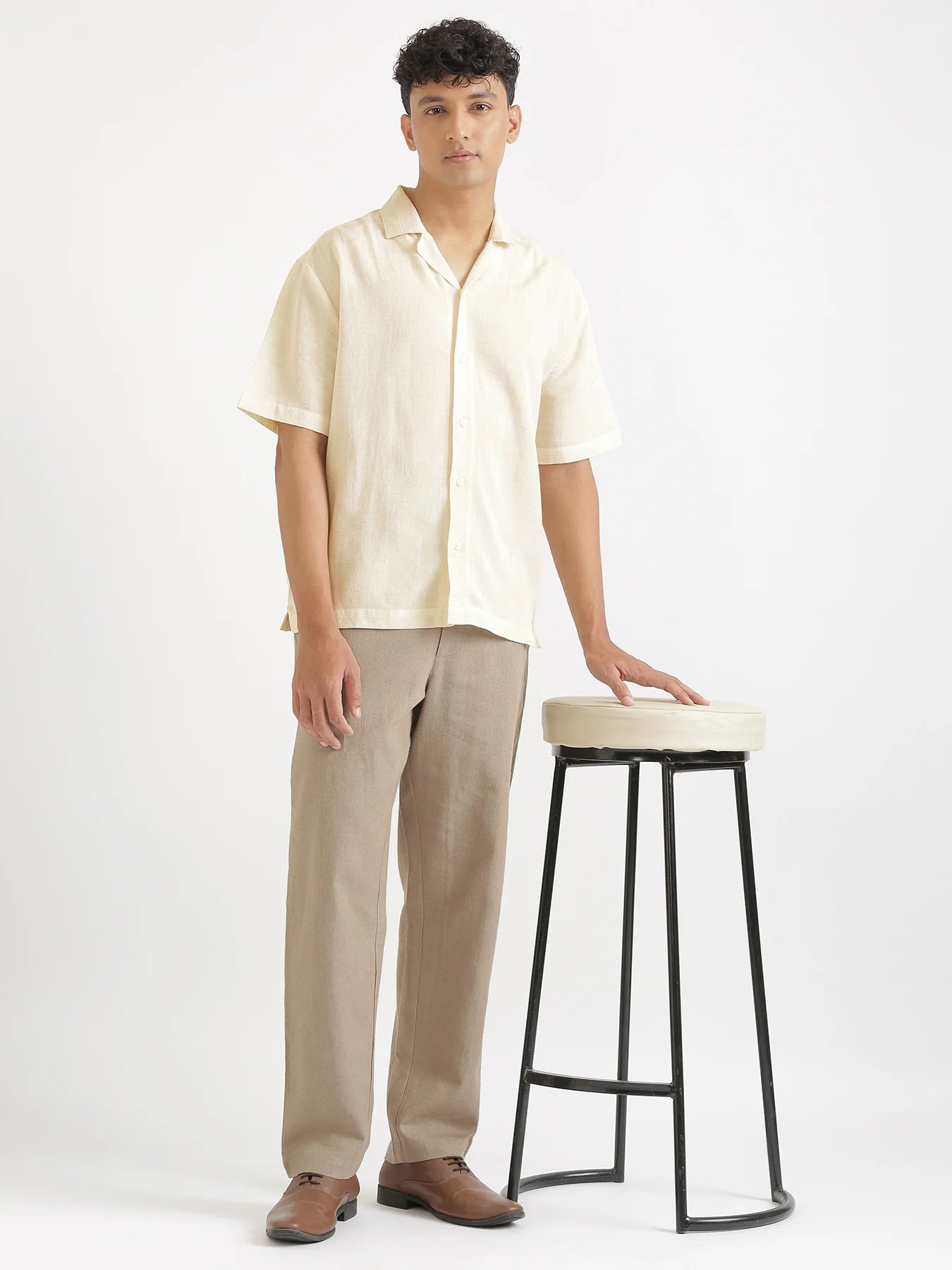 Men Flowy Linen Cuban Collar Ecru Shirt