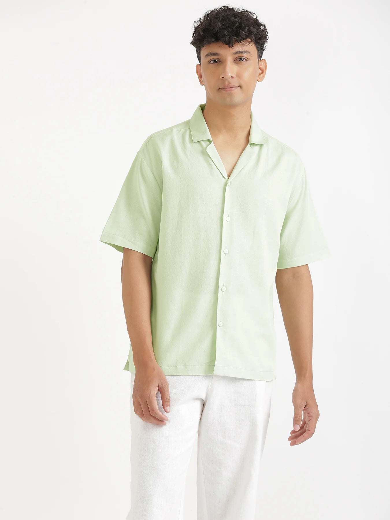 Men Flowy Linen Cuban Collar Mint Green Shirt