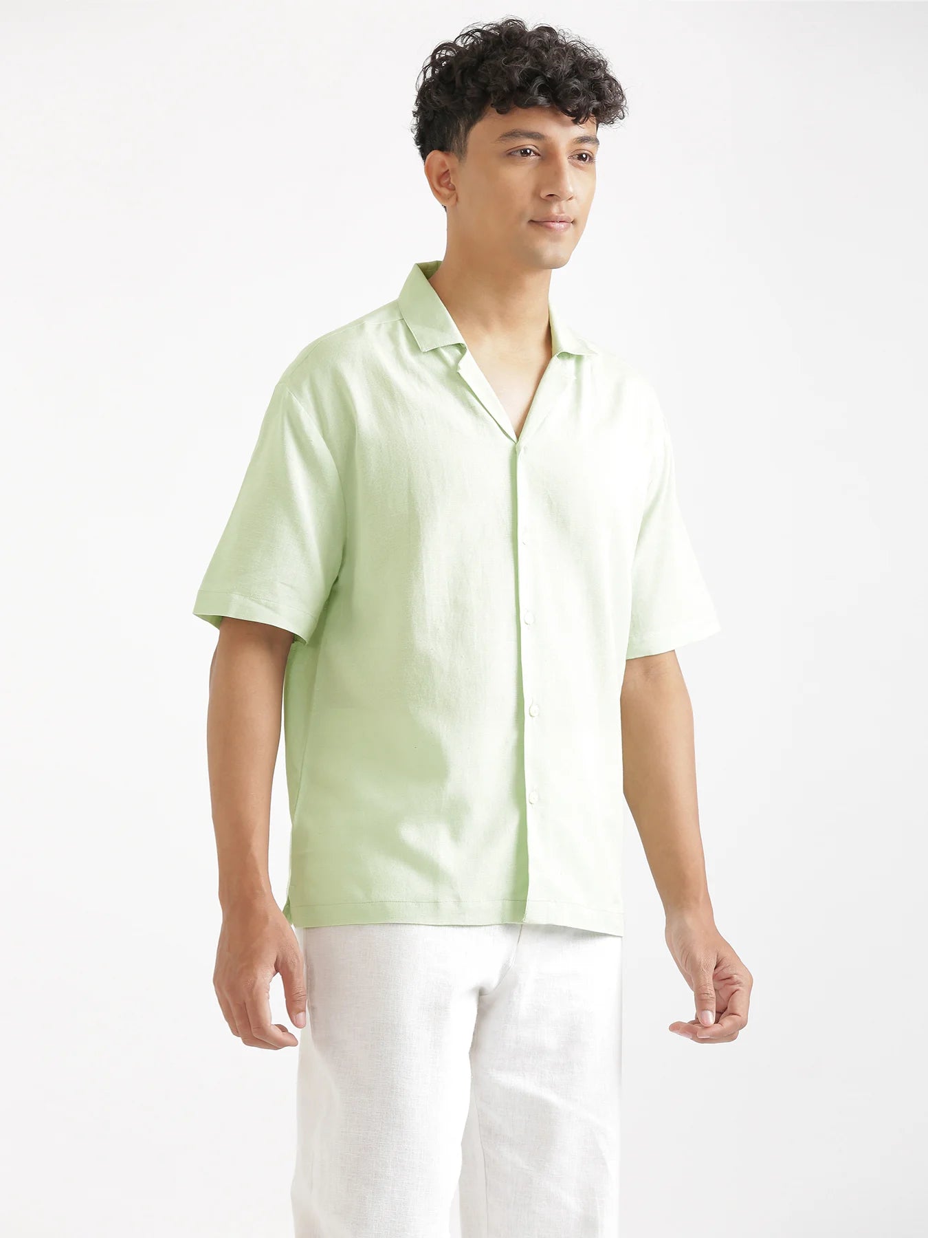 Men Flowy Linen Cuban Collar Mint Green Shirt