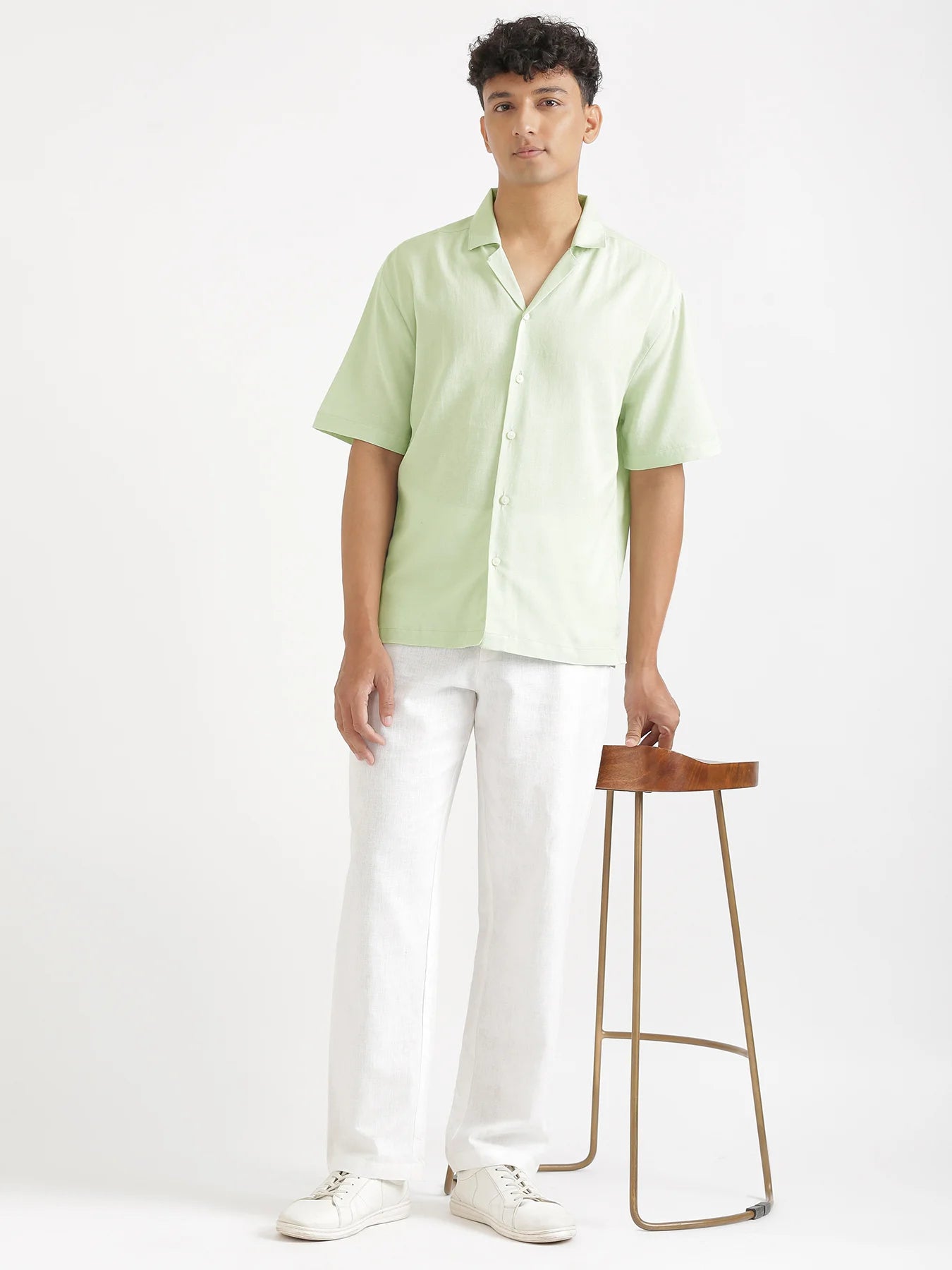 Men Flowy Linen Cuban Collar Mint Green Shirt