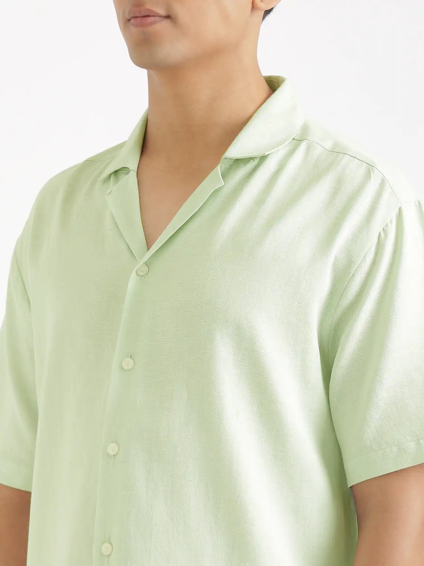 Men Flowy Linen Cuban Collar Mint Green Shirt