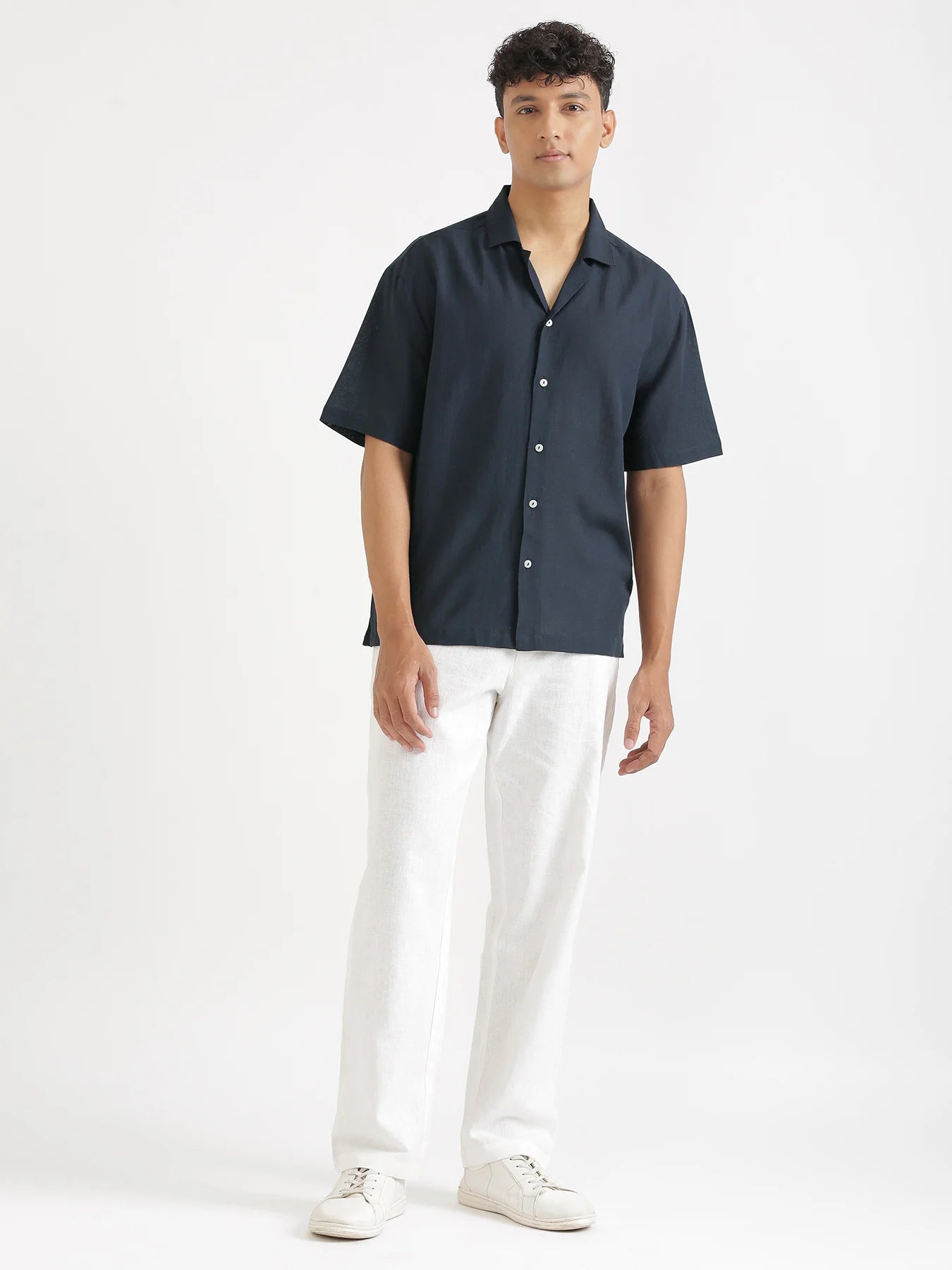 Men Flowy Linen Cuban Collar Navy Blue Shirt