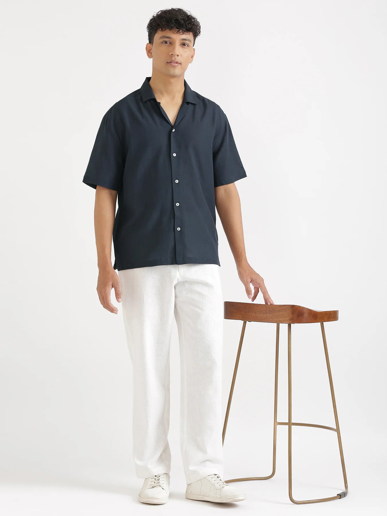 Men Flowy Linen Cuban Collar Navy Blue Shirt